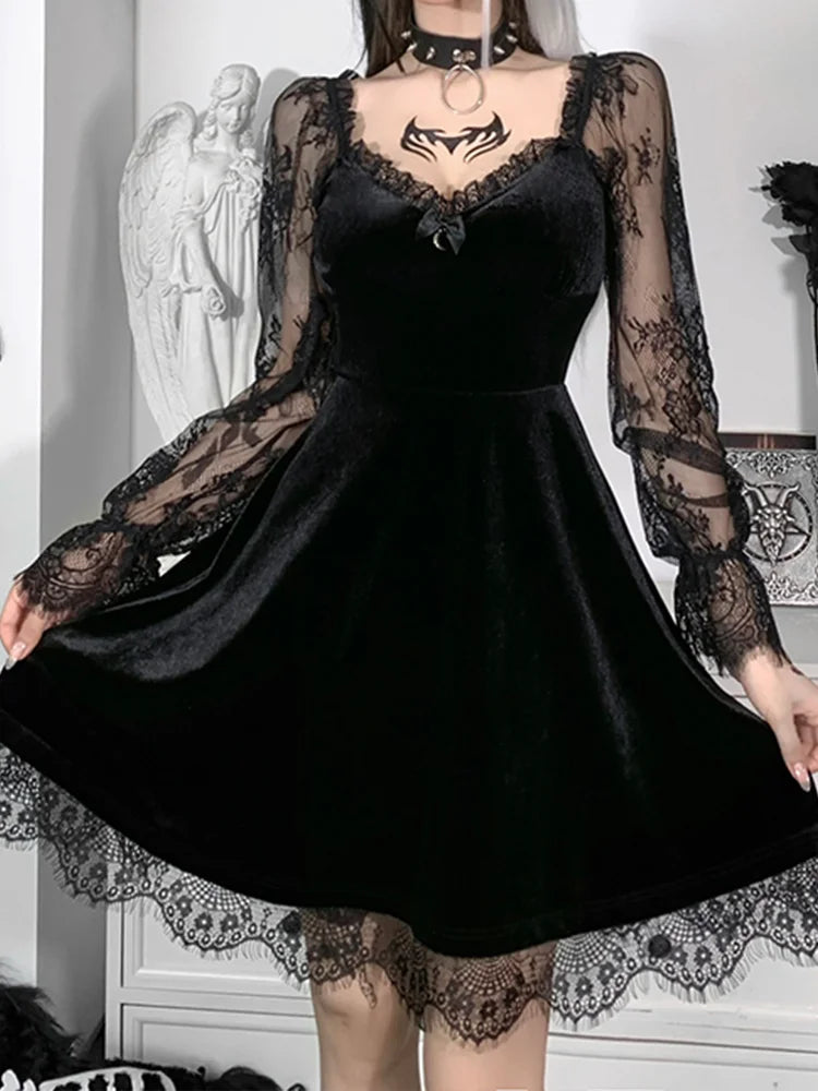 Moon Black Grunge Dark V Neck Aesthetic Vintage Mini Long Sleeve Autumn Dress - VelvetHem