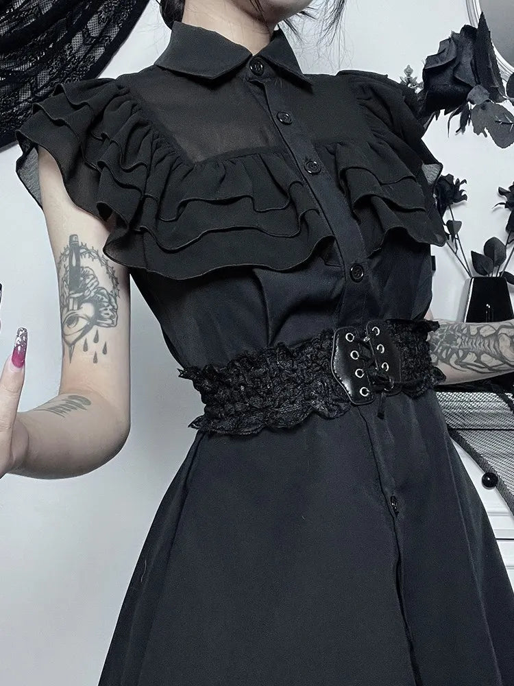 Mall Harajuku E-Girl Mesh Patchwork Black Slim A-Line Party Grunge Aesthetic Streetwear Dress - View 2 | VelvetHem