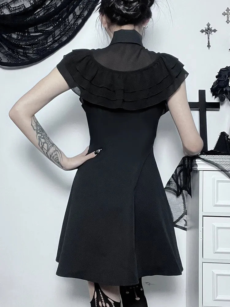 Mall Harajuku E-Girl Mesh Patchwork Black Slim A-Line Party Grunge Aesthetic Streetwear Dress - View 5 | VelvetHem
