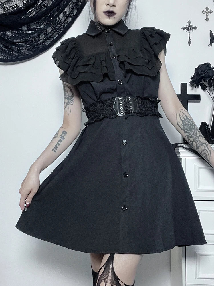 Mall Harajuku E-Girl Mesh Patchwork Black Slim A-Line Party Grunge Aesthetic Streetwear Dress - View 3 | VelvetHem