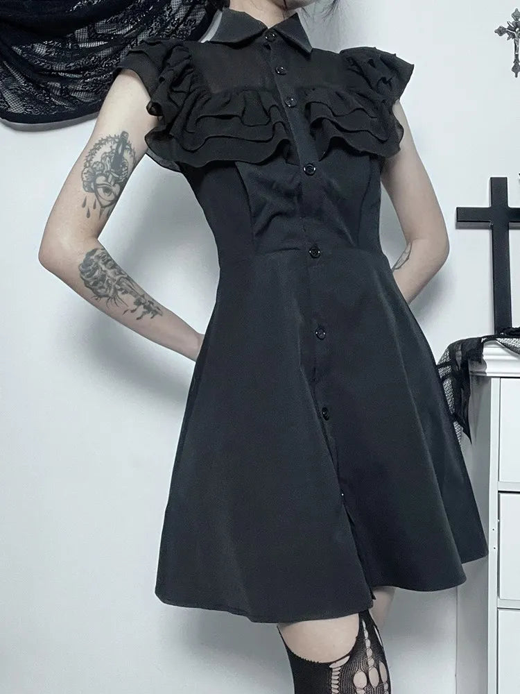 Mall Harajuku E-Girl Mesh Patchwork Black Slim A-Line Party Grunge Aesthetic Streetwear Dress - View 4 | VelvetHem