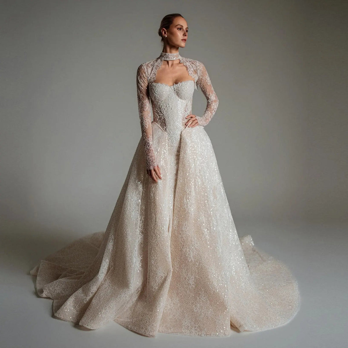 Luxury Ivory Beaded Long Sleeve Train Wedding Dress with Overskirt ZP138 - VelvetHem