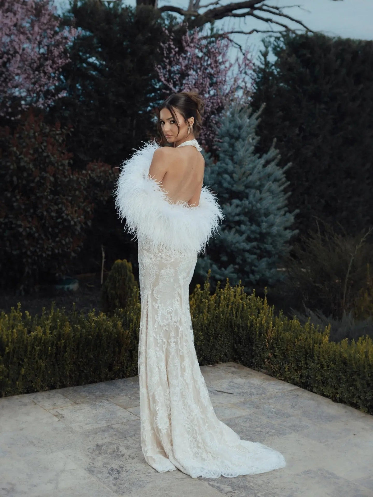 White Halter Backless Lace Mermaid Wedding Dress with Feather Shawl ZP003