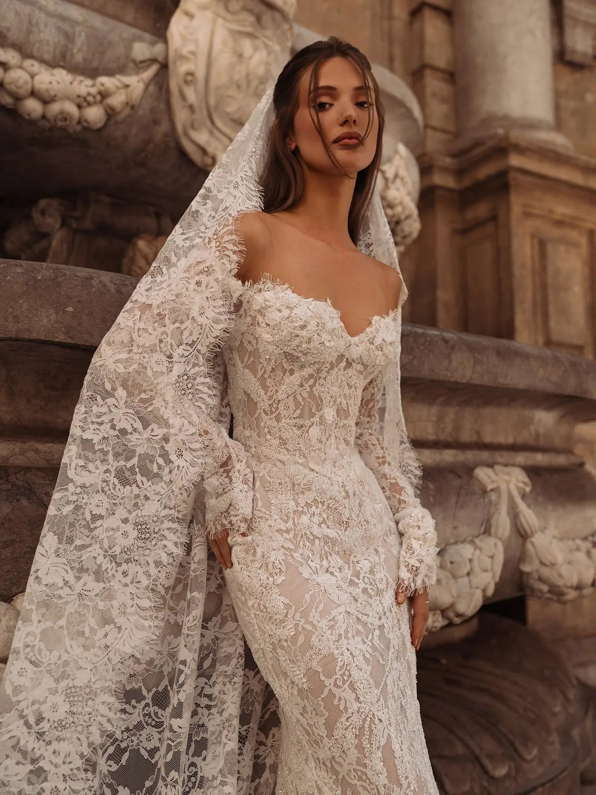 Bohemian Ivory Off-the-Shoulder Sheer Lace Mermaid Wedding Dress with Veil ZP128
