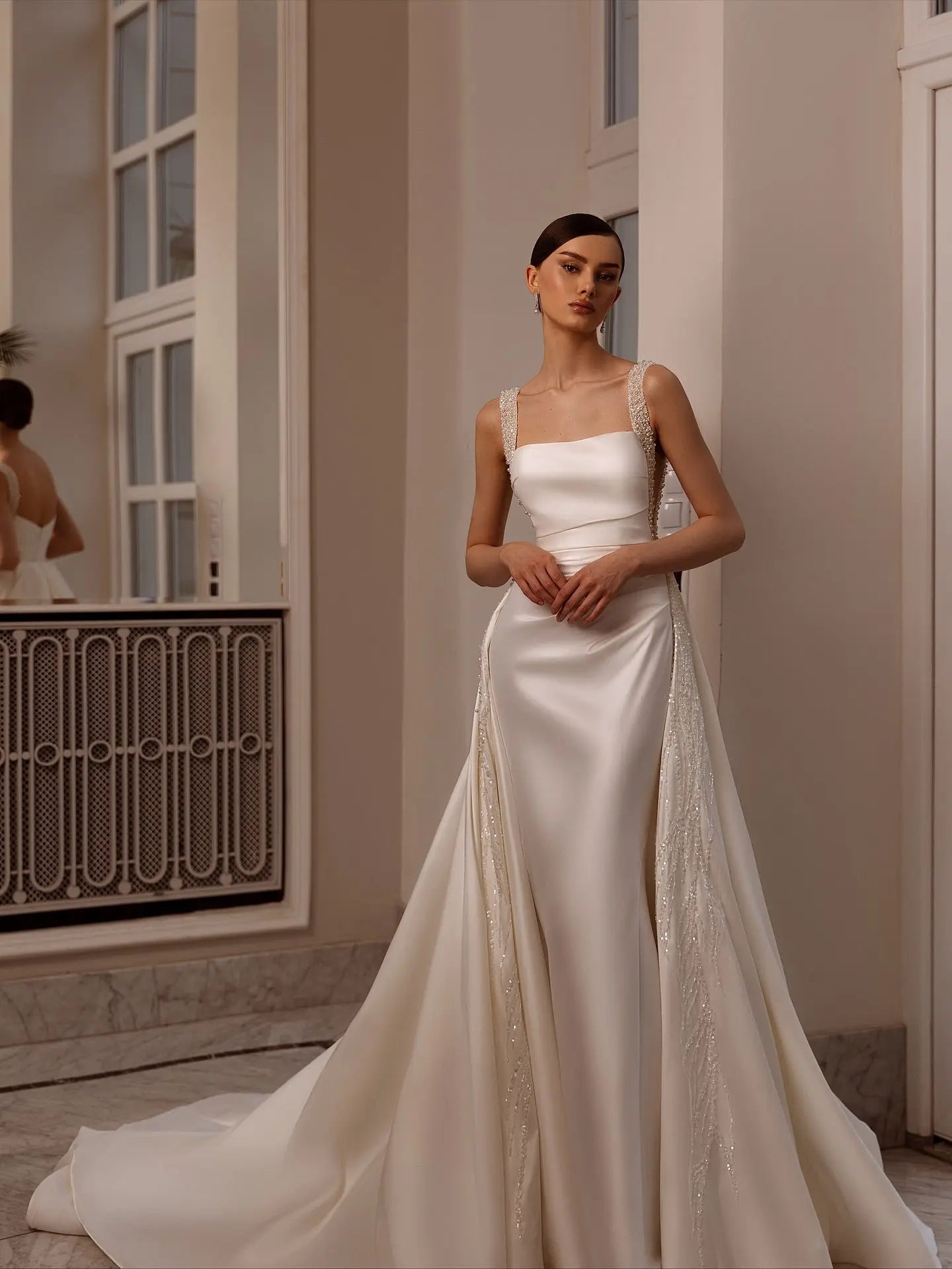 Luxury White Satin Beaded Overlay Mermaid Train Wedding Dress ZP130