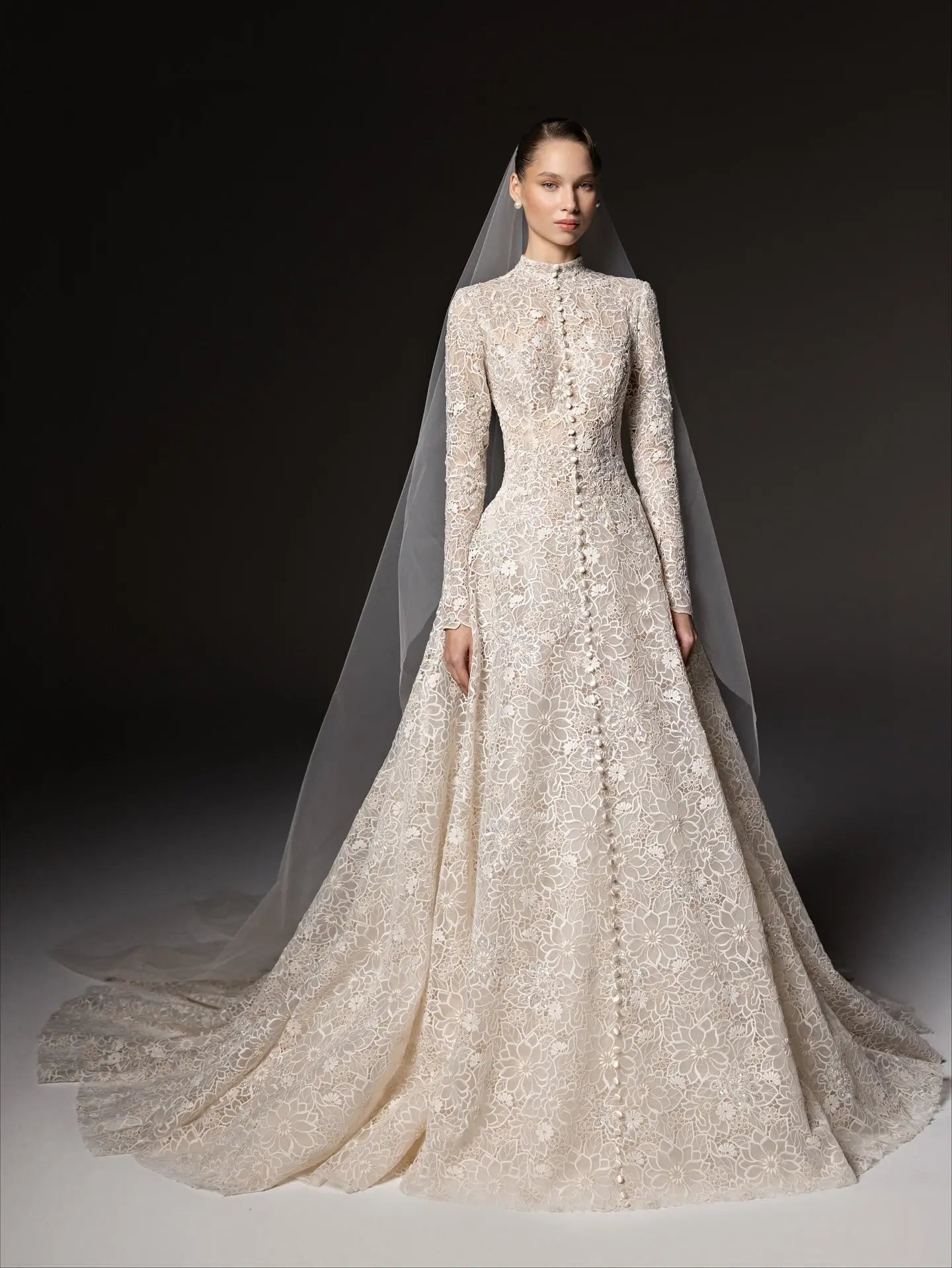 Luxury Champagne High Neck Long Sleeve Lace A-Line Wedding Dress with Buttons ZP079