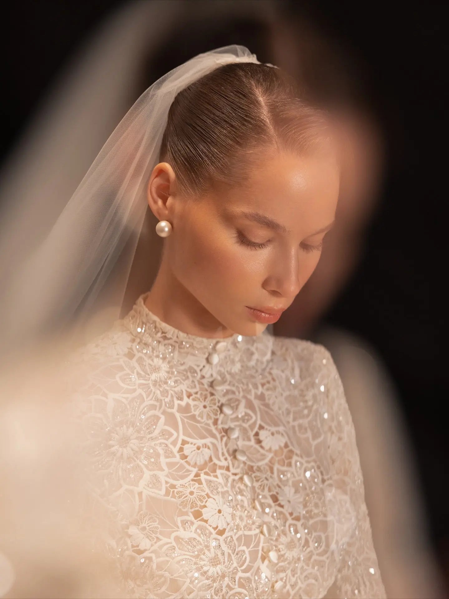 Luxury Champagne High Neck Long Sleeve Lace A-Line Wedding Dress with Buttons ZP079