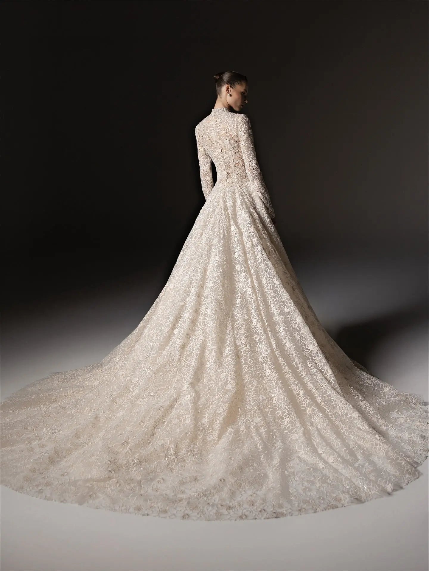 Luxury Champagne High Neck Long Sleeve Lace A-Line Wedding Dress with Buttons ZP079
