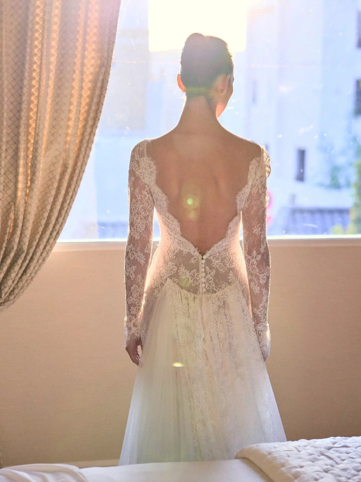 Romantic Ivory Long Sleeve Lace Mermaid Wedding Dress with Overskirt ZP076