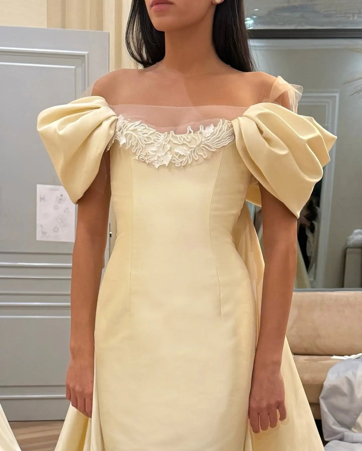 Luxury Ivory Off-the-Shoulder Satin Wedding Dress with Puff Sleeves ZP074