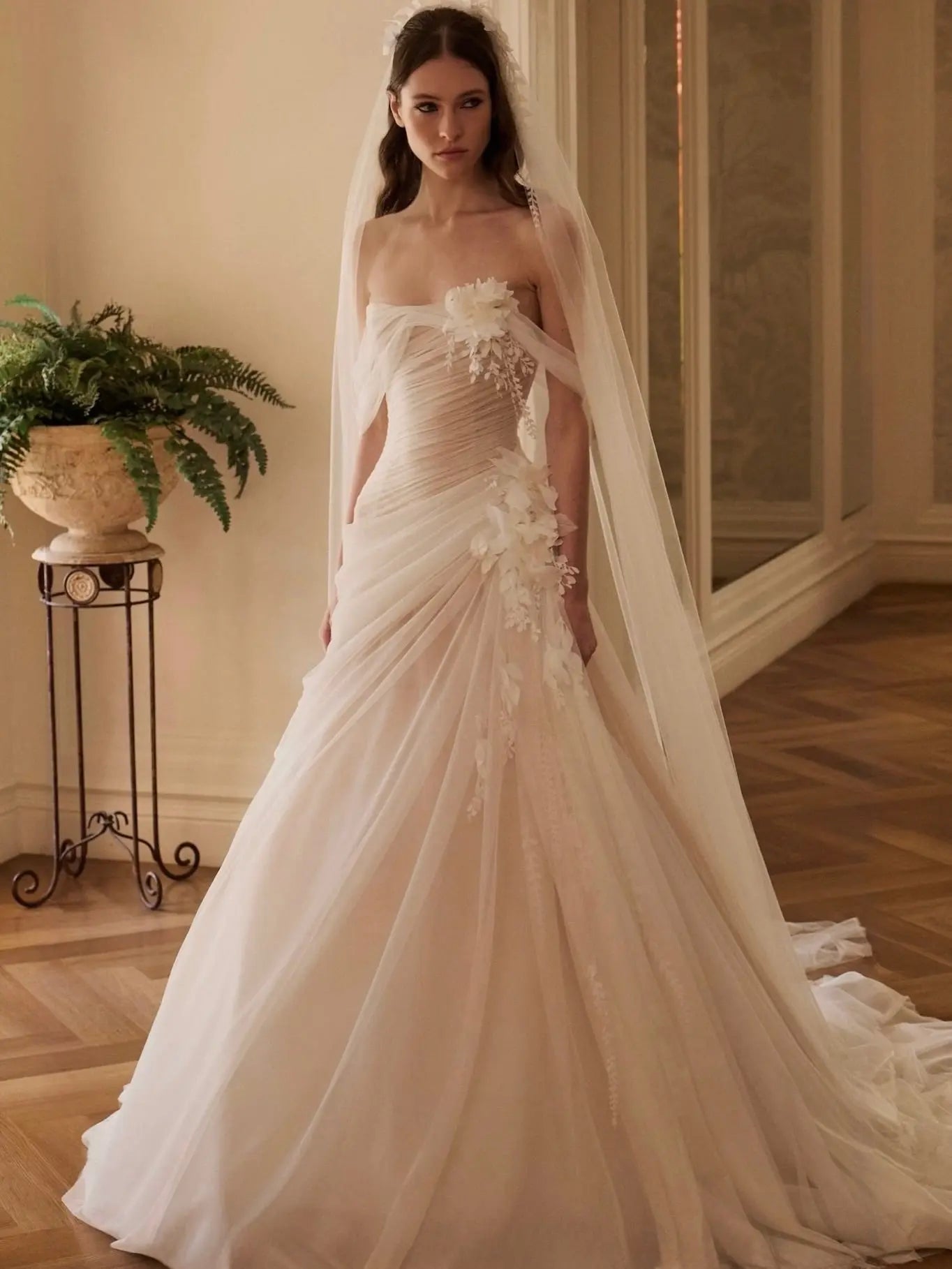 Dreamy Ivory Strapless 3D Floral Draped Wedding Dress with Veil ZP072