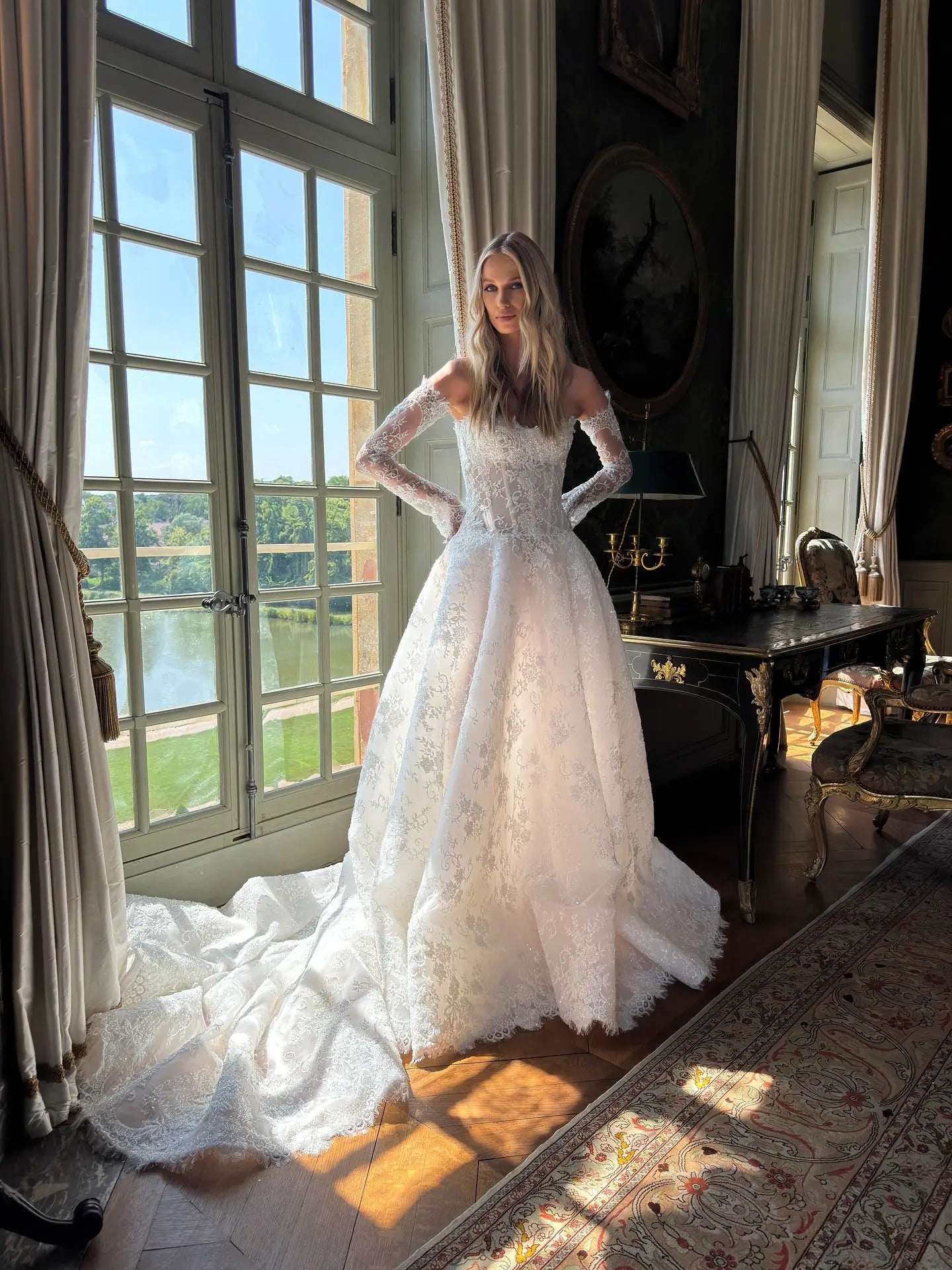 Regal White Off-the-Shoulder Long Sleeve Lace Ball Gown Wedding Dress ZP087
