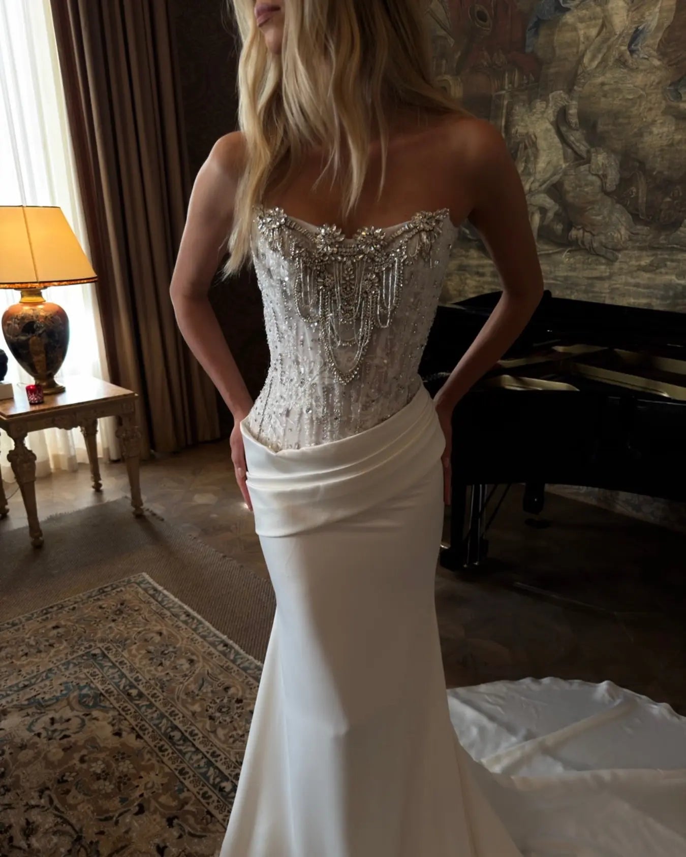 Luxury White Strapless Beaded Fringe Bodice Satin Mermaid Wedding Dress ZP091