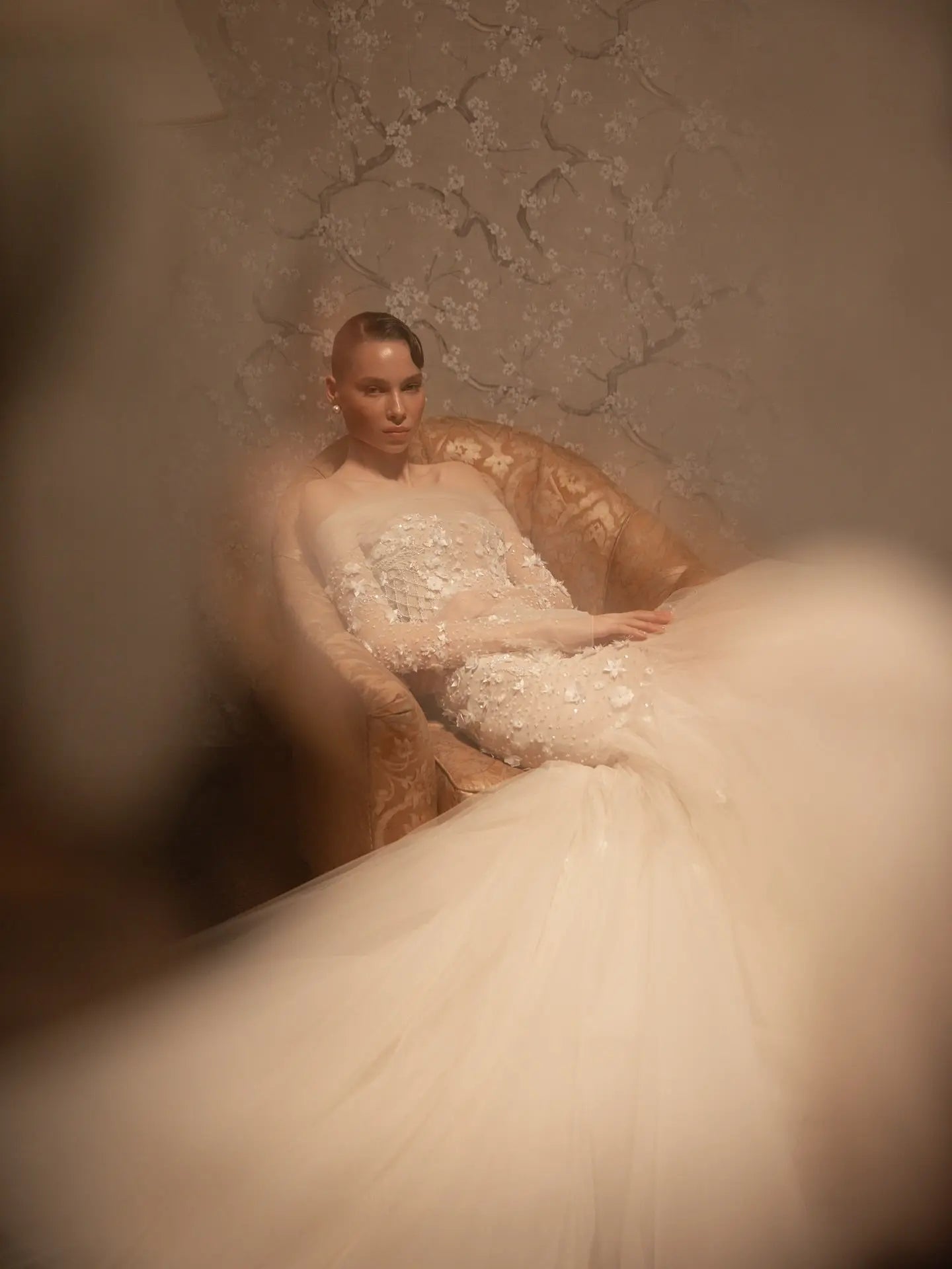 Glamorous Champagne Off-the-Shoulder Beaded Floral Mermaid Wedding Dress with Veil ZP078