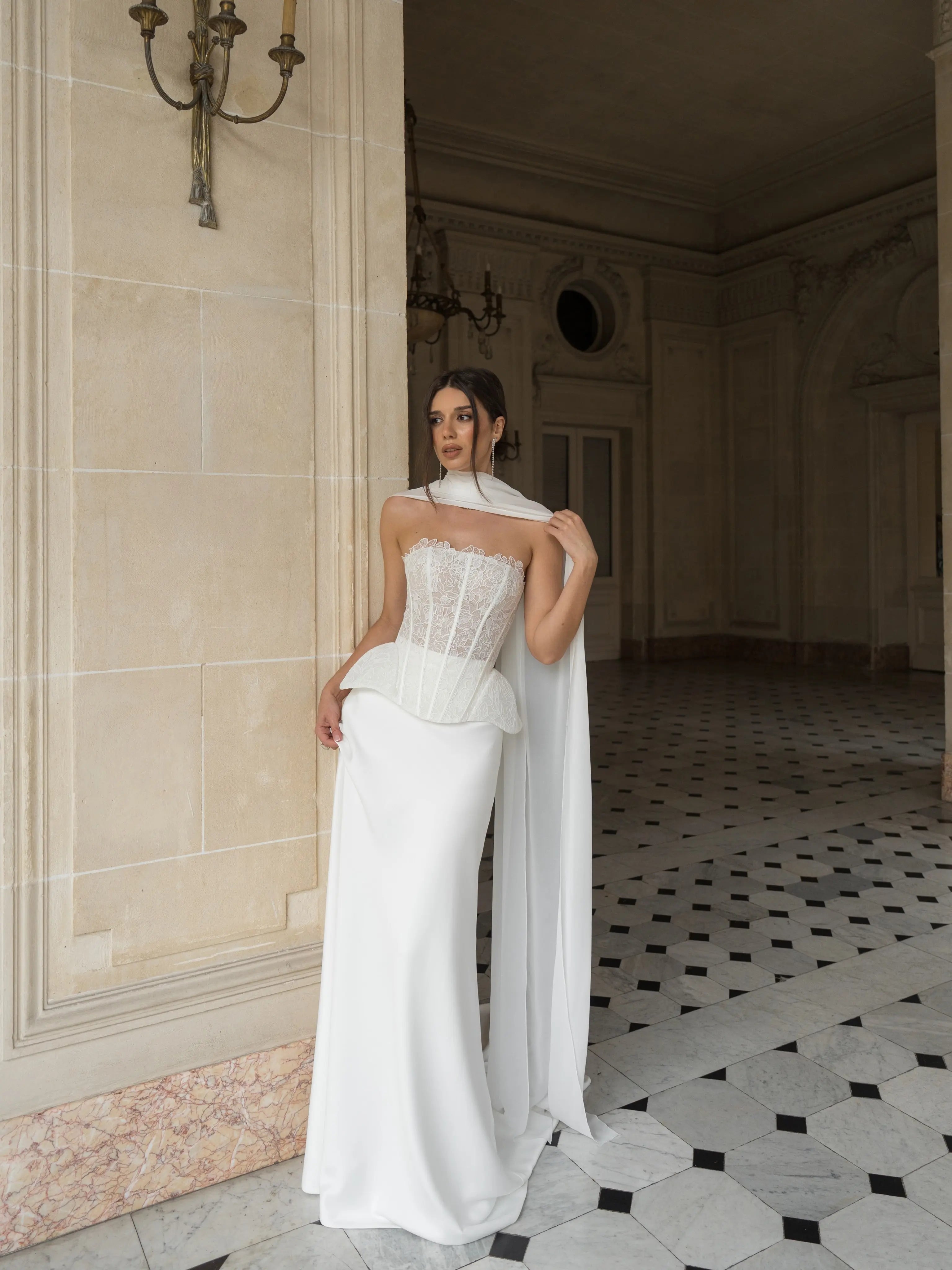 Strapless Lace Corset Wedding Dresses with Scarf ZP024