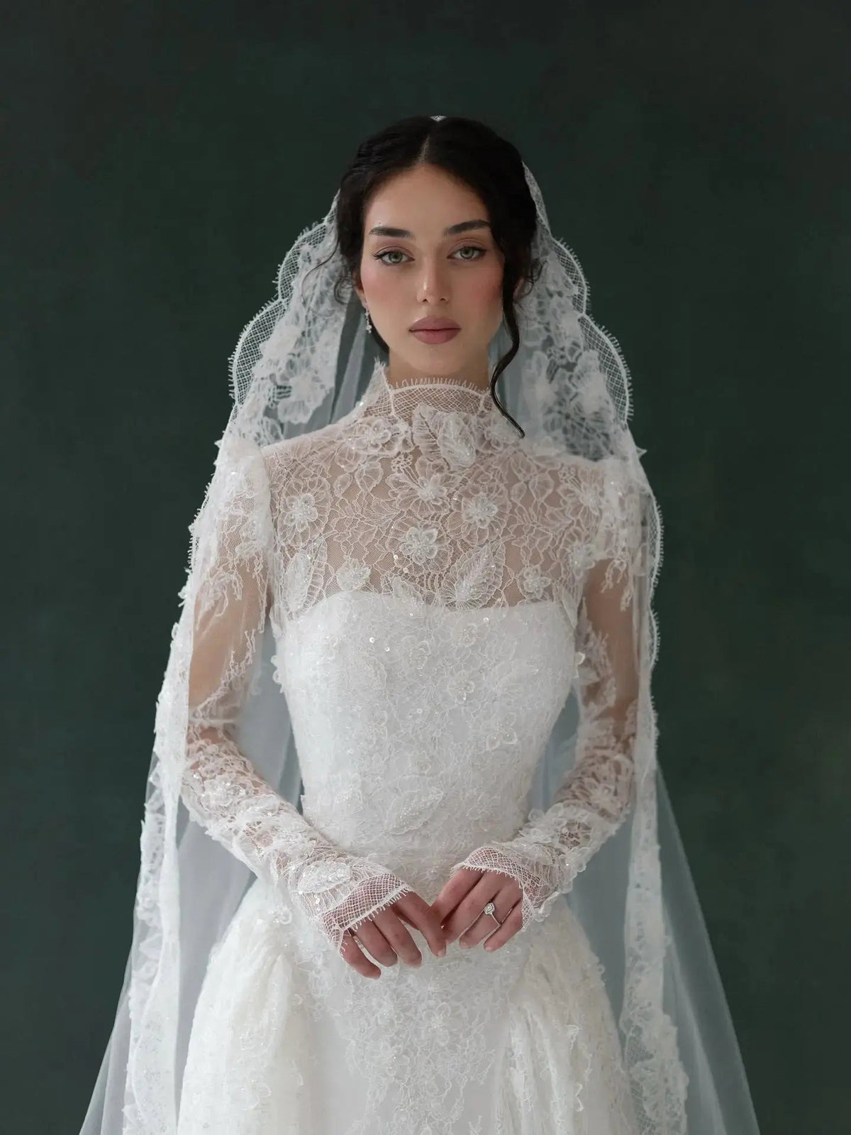 Classic Ivory Lace High Neck Long Sleeve A-Line Wedding Dress with Veil ZP107
