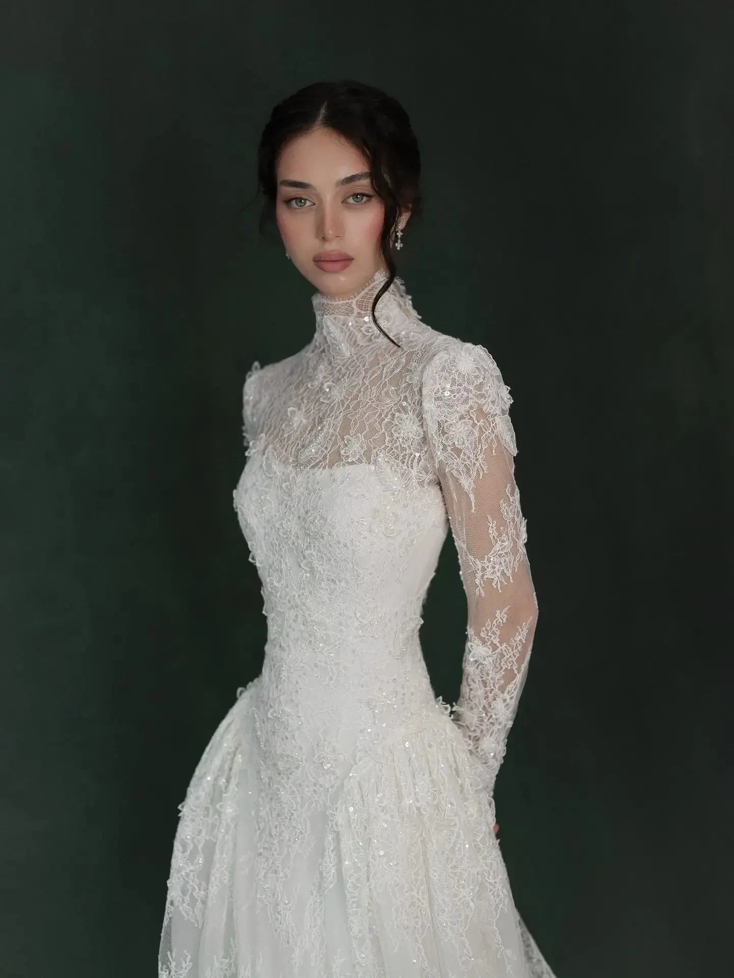 Classic Ivory Lace High Neck Long Sleeve A-Line Wedding Dress with Veil ZP107
