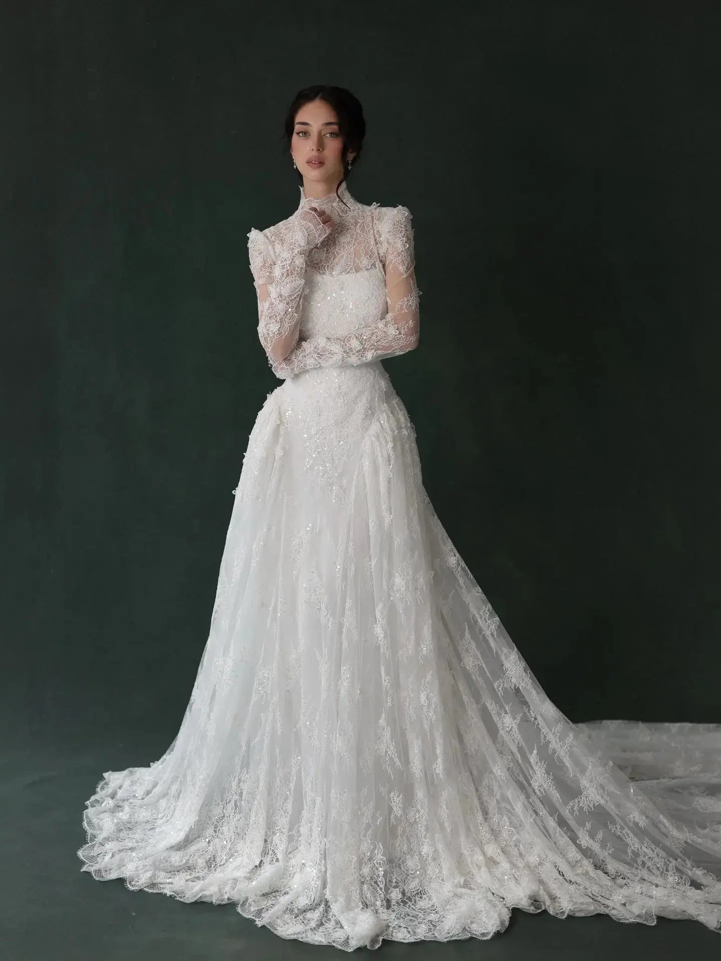 Classic Ivory Lace High Neck Long Sleeve A-Line Wedding Dress with Veil ZP107