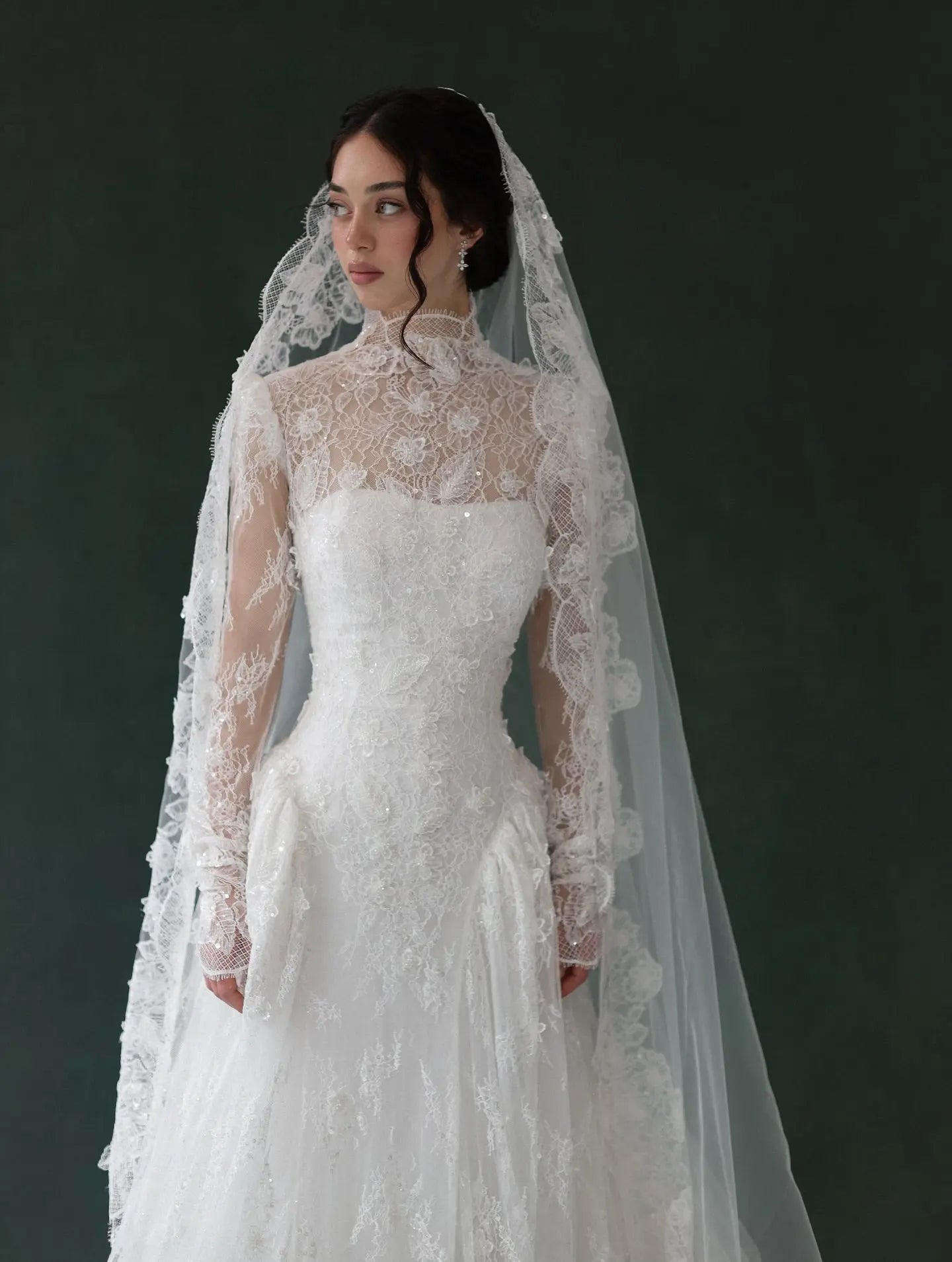 Classic Ivory Lace High Neck Long Sleeve A-Line Wedding Dress with Veil ZP107