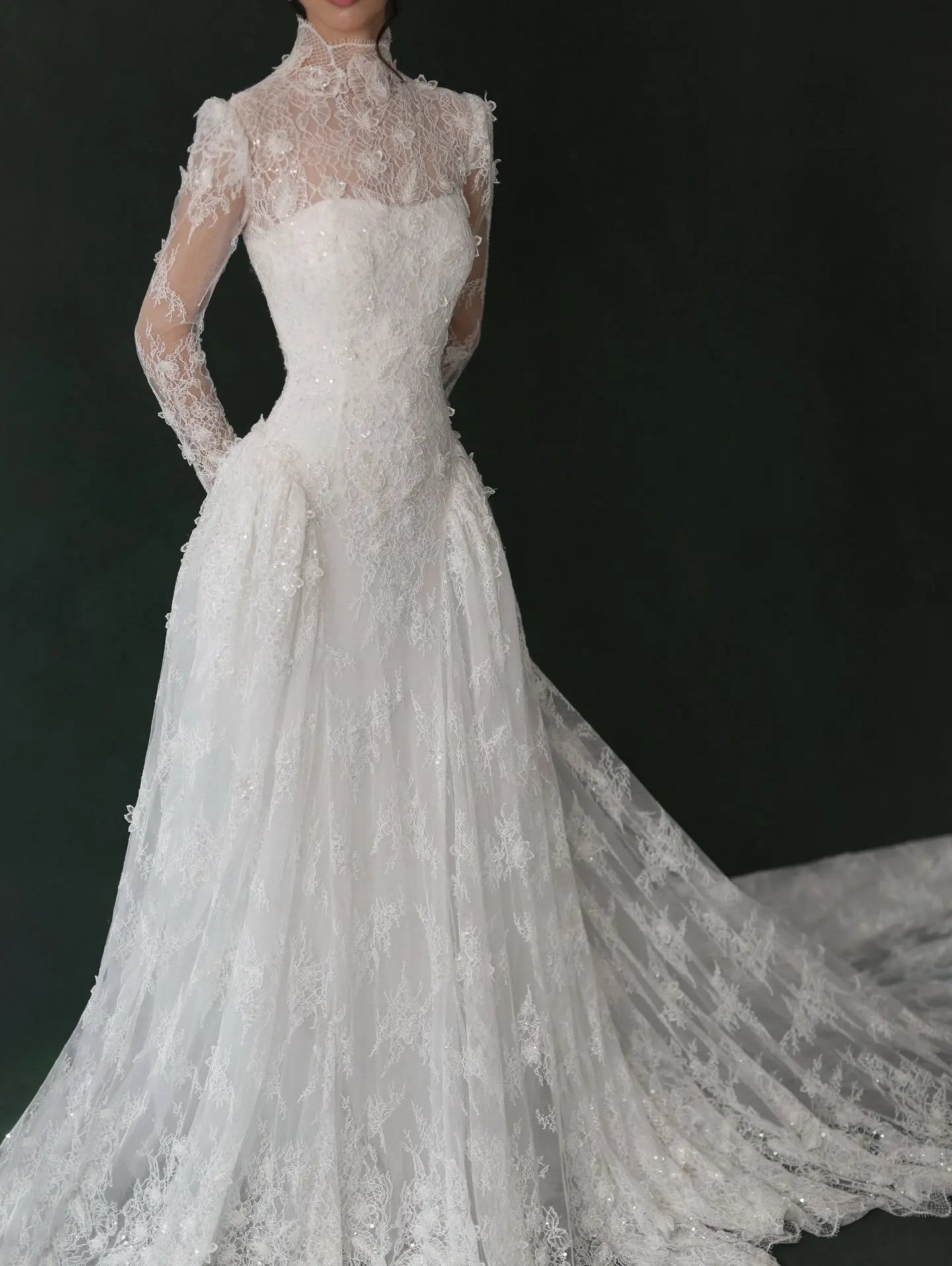 Classic Ivory Lace High Neck Long Sleeve A-Line Wedding Dress with Veil ZP107
