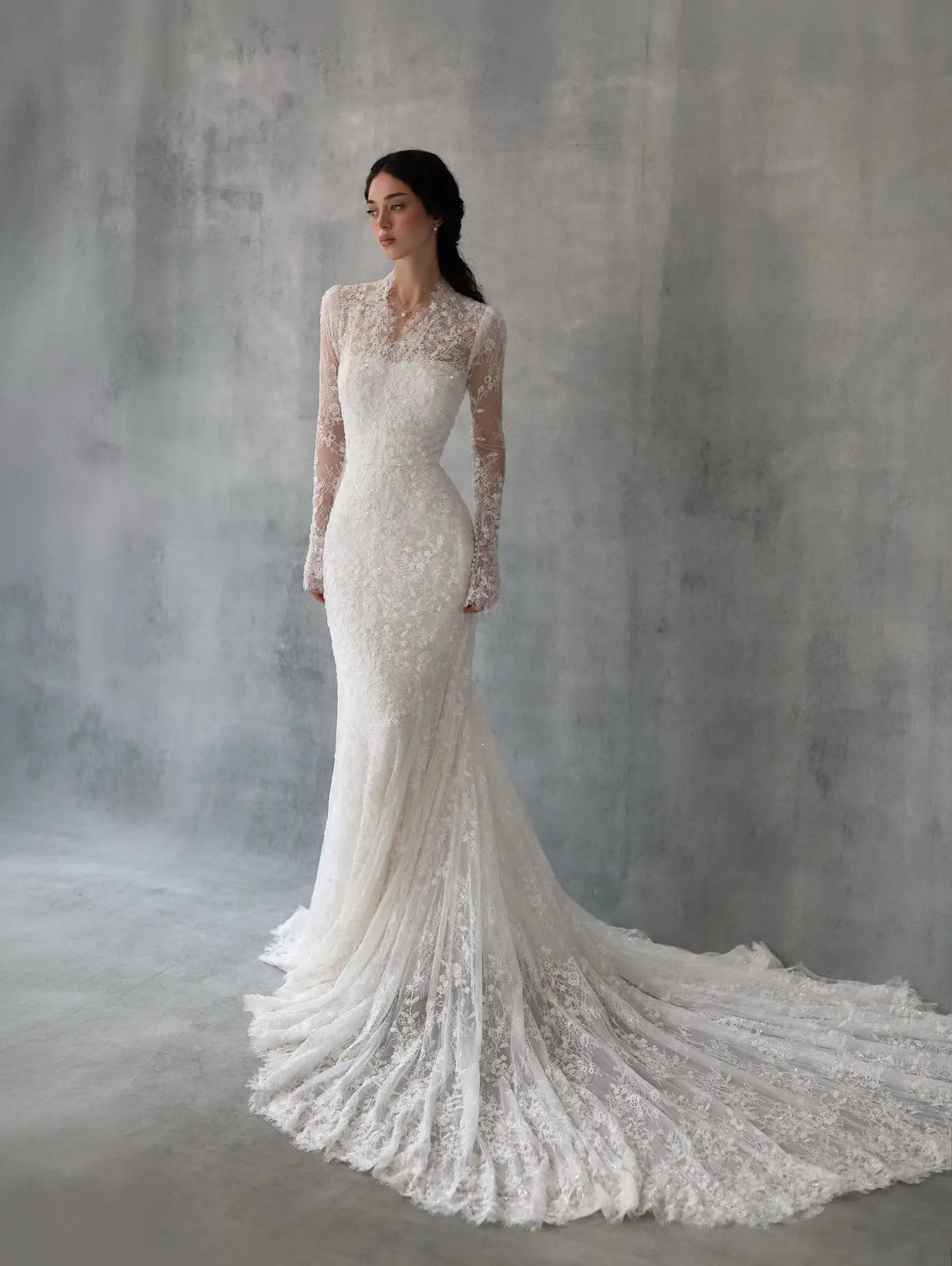Elegant Ivory Lace High Neck Long Sleeve Train Mermaid Wedding Dress with Veil ZP108