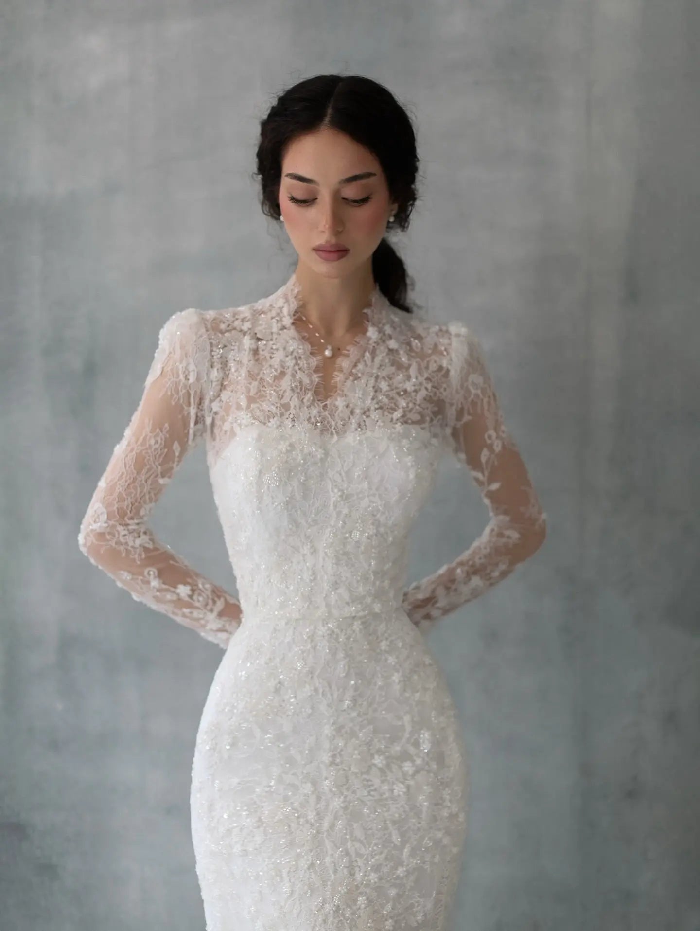 Elegant Ivory Lace High Neck Long Sleeve Train Mermaid Wedding Dress with Veil ZP108