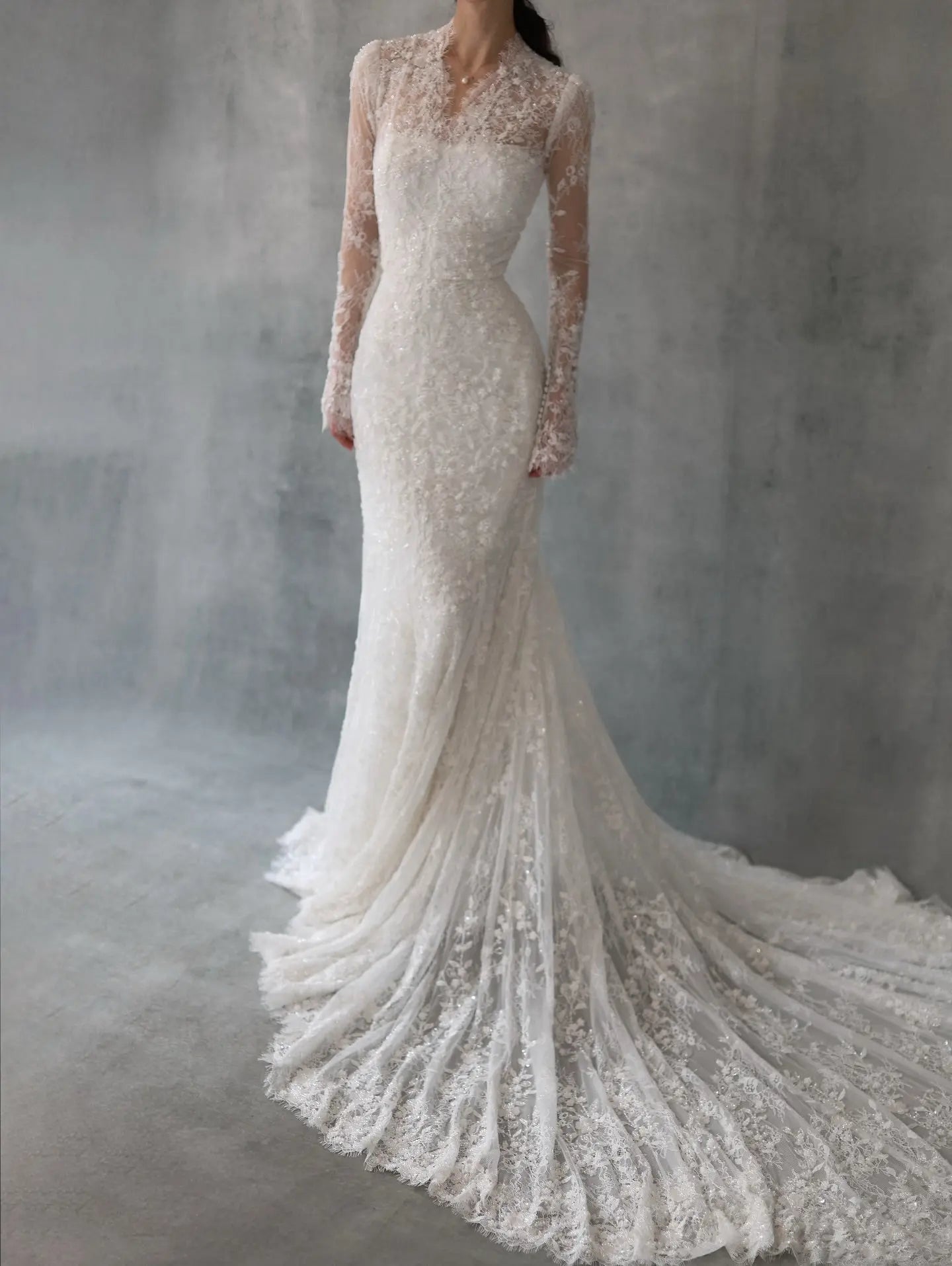 Elegant Ivory Lace High Neck Long Sleeve Train Mermaid Wedding Dress with Veil ZP108