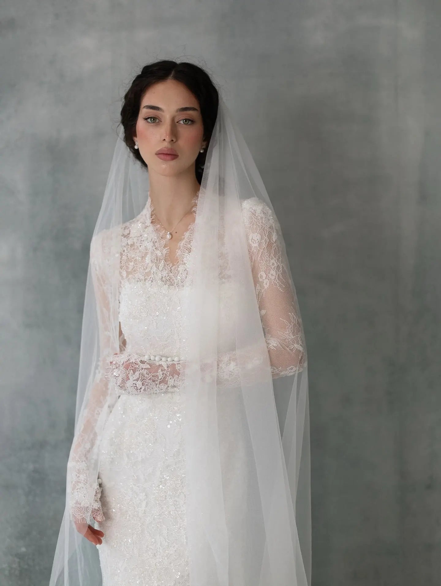 Elegant Ivory Lace High Neck Long Sleeve Train Mermaid Wedding Dress with Veil ZP108