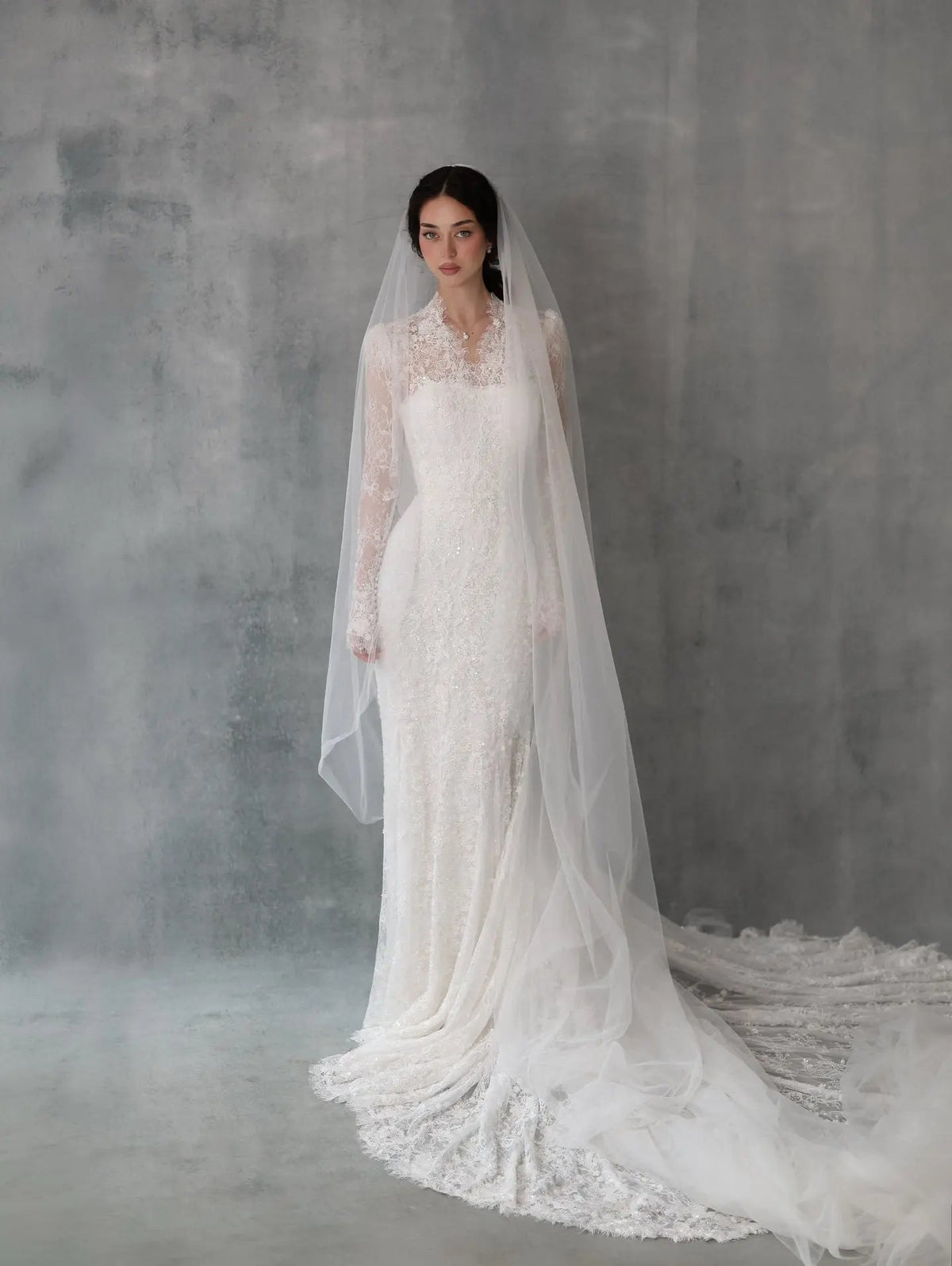 Elegant Ivory Lace High Neck Long Sleeve Train Mermaid Wedding Dress with Veil ZP108