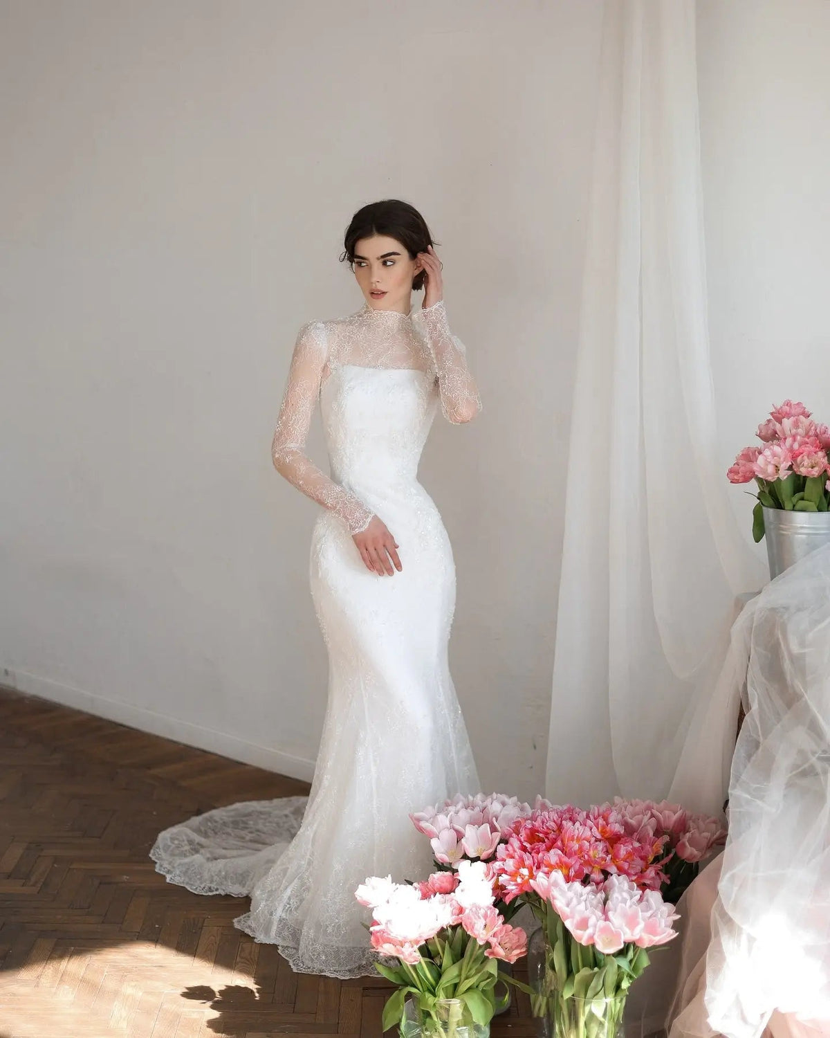 Elegant Printed Crystal Sheer Lace Mermaid Wedding Dress ZP169