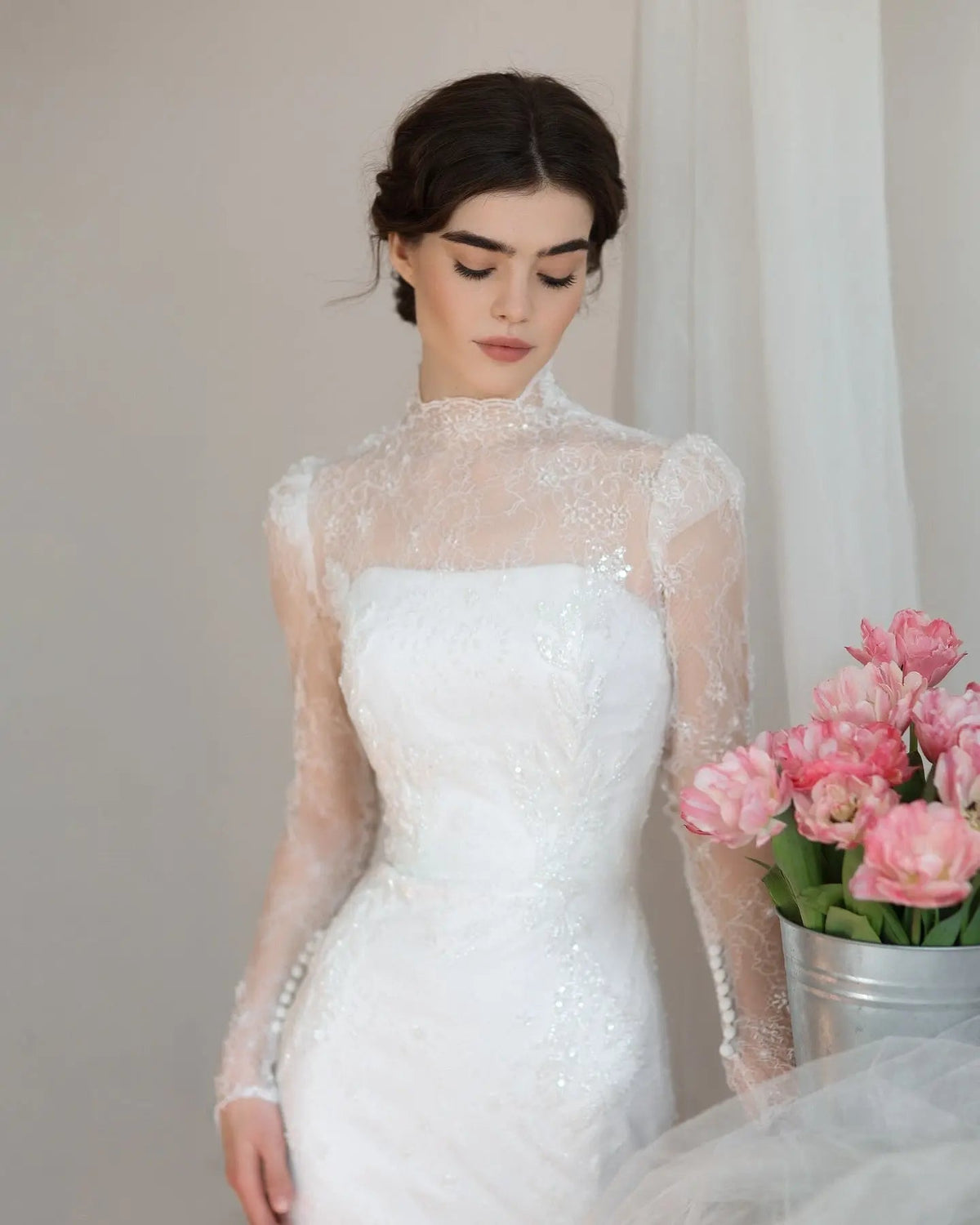 Elegant Printed Crystal Sheer Lace Mermaid Wedding Dress ZP169