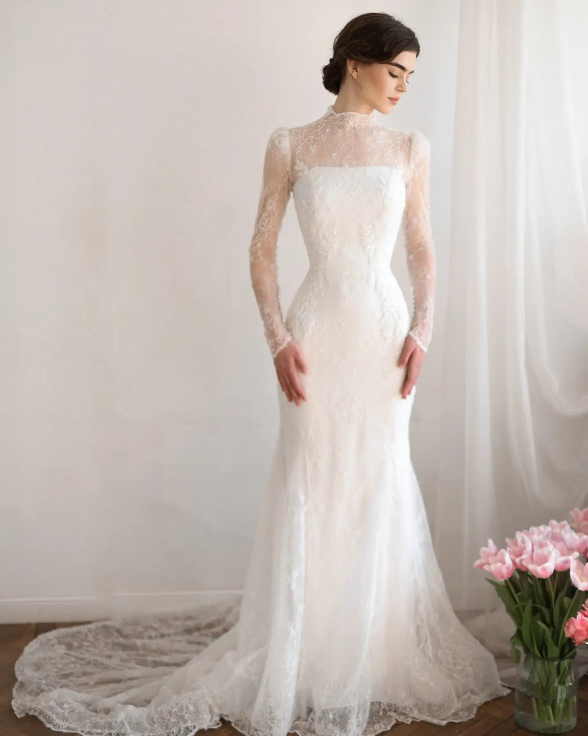 Elegant Printed Crystal Sheer Lace Mermaid Wedding Dress ZP169