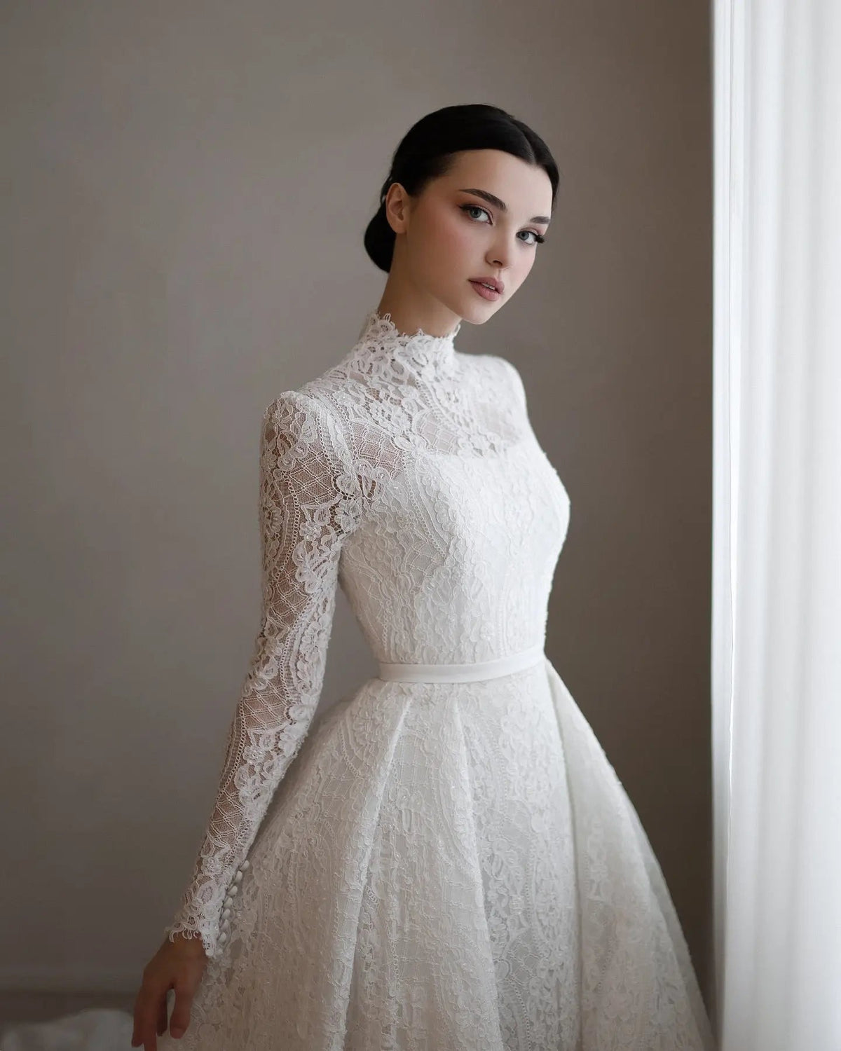 Luxury High Neck Lace Wedding Dress with Overskirt ZP174