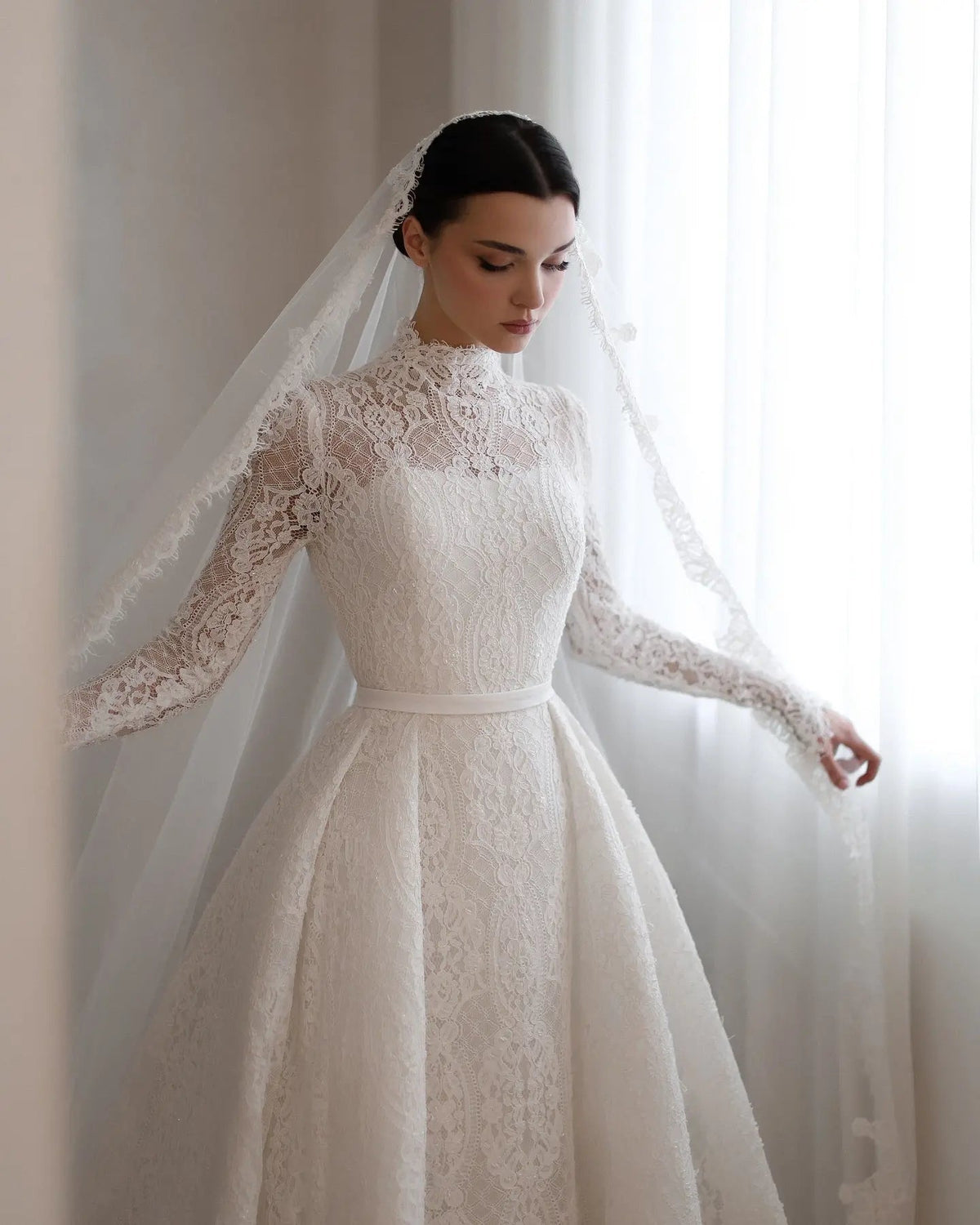 Luxury High Neck Lace Wedding Dress with Overskirt ZP174