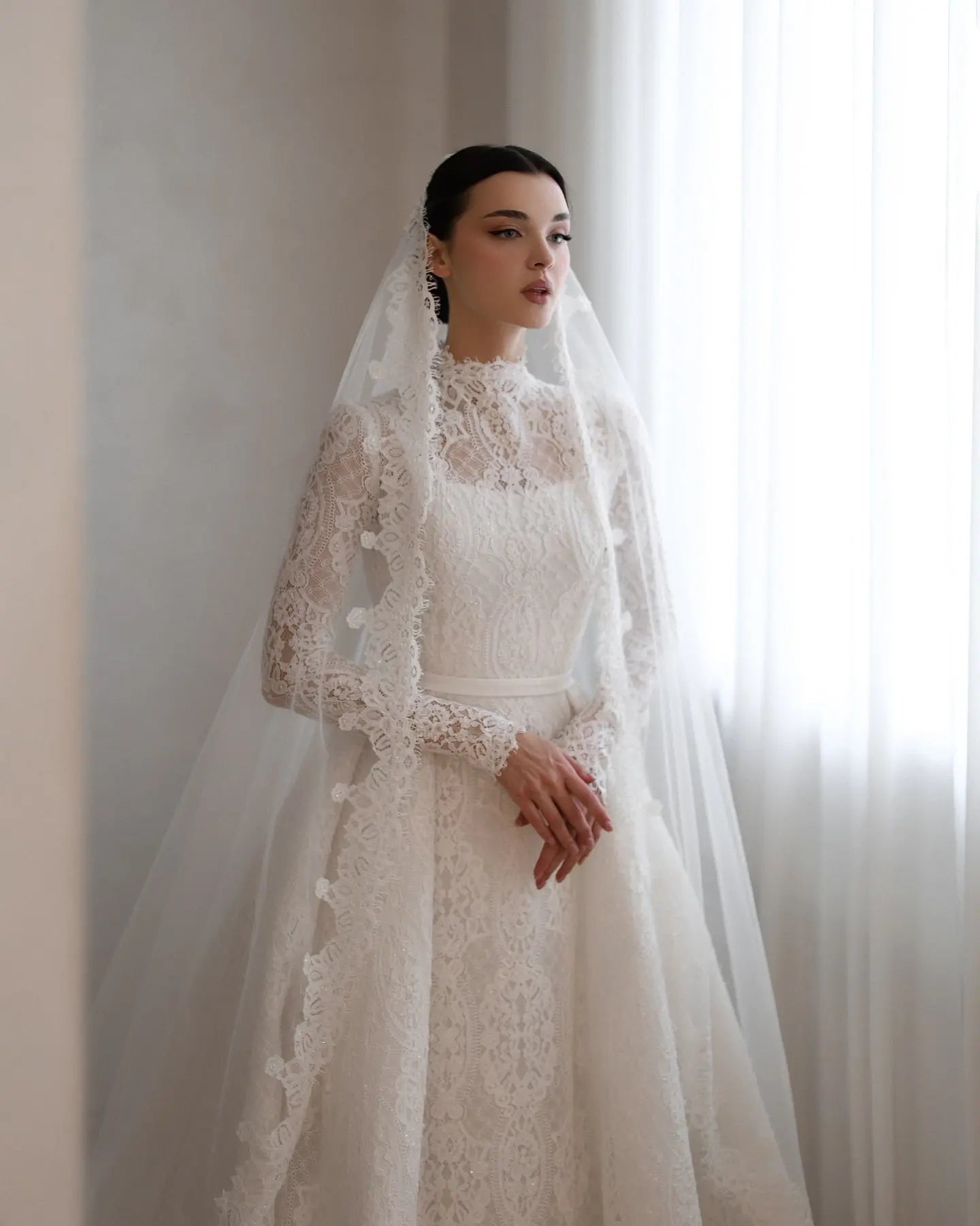 Luxury High Neck Lace Wedding Dress with Overskirt ZP174