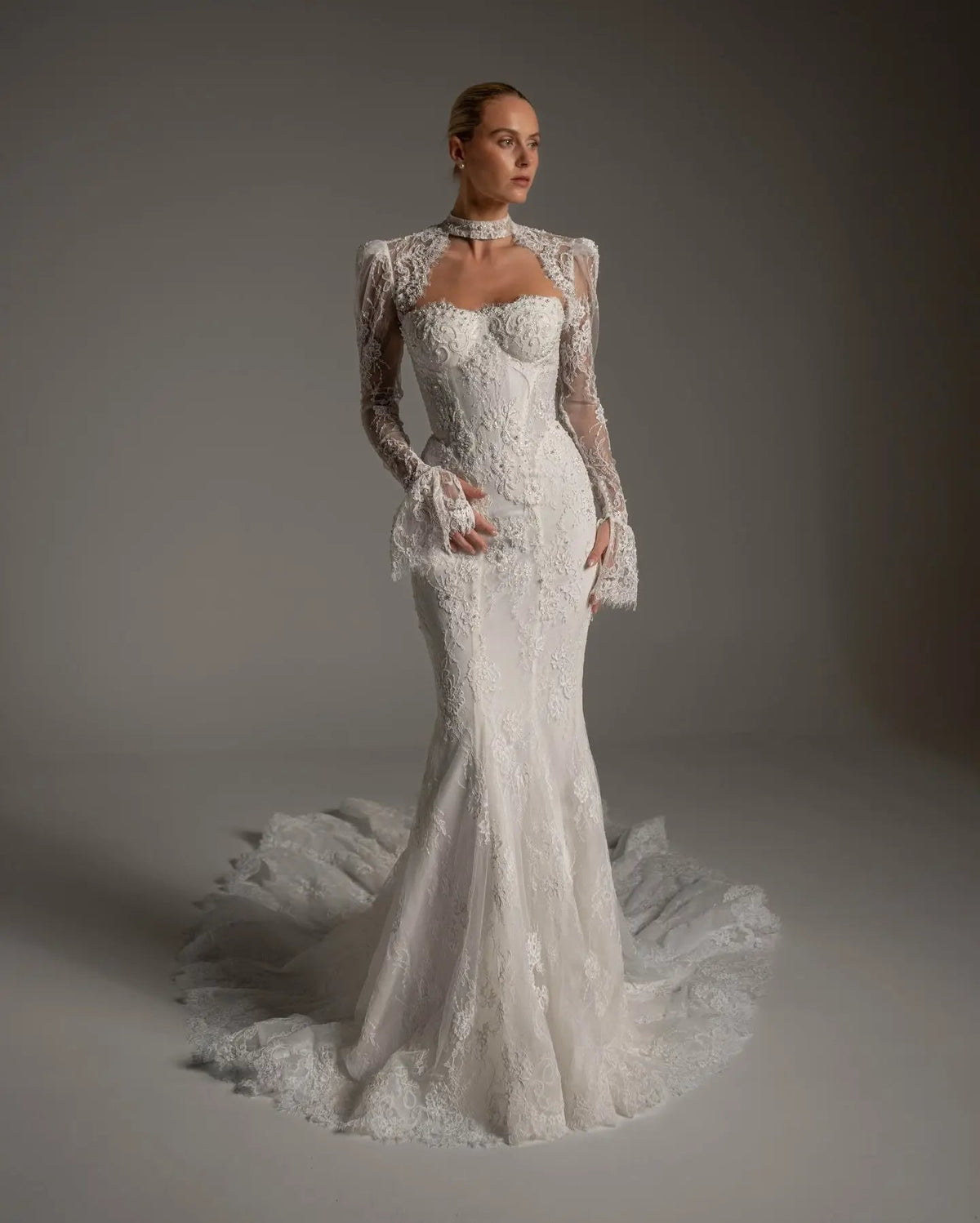 Luxury Ivory Lace Long Sleeve Mermaid Train Wedding Dress ZP142