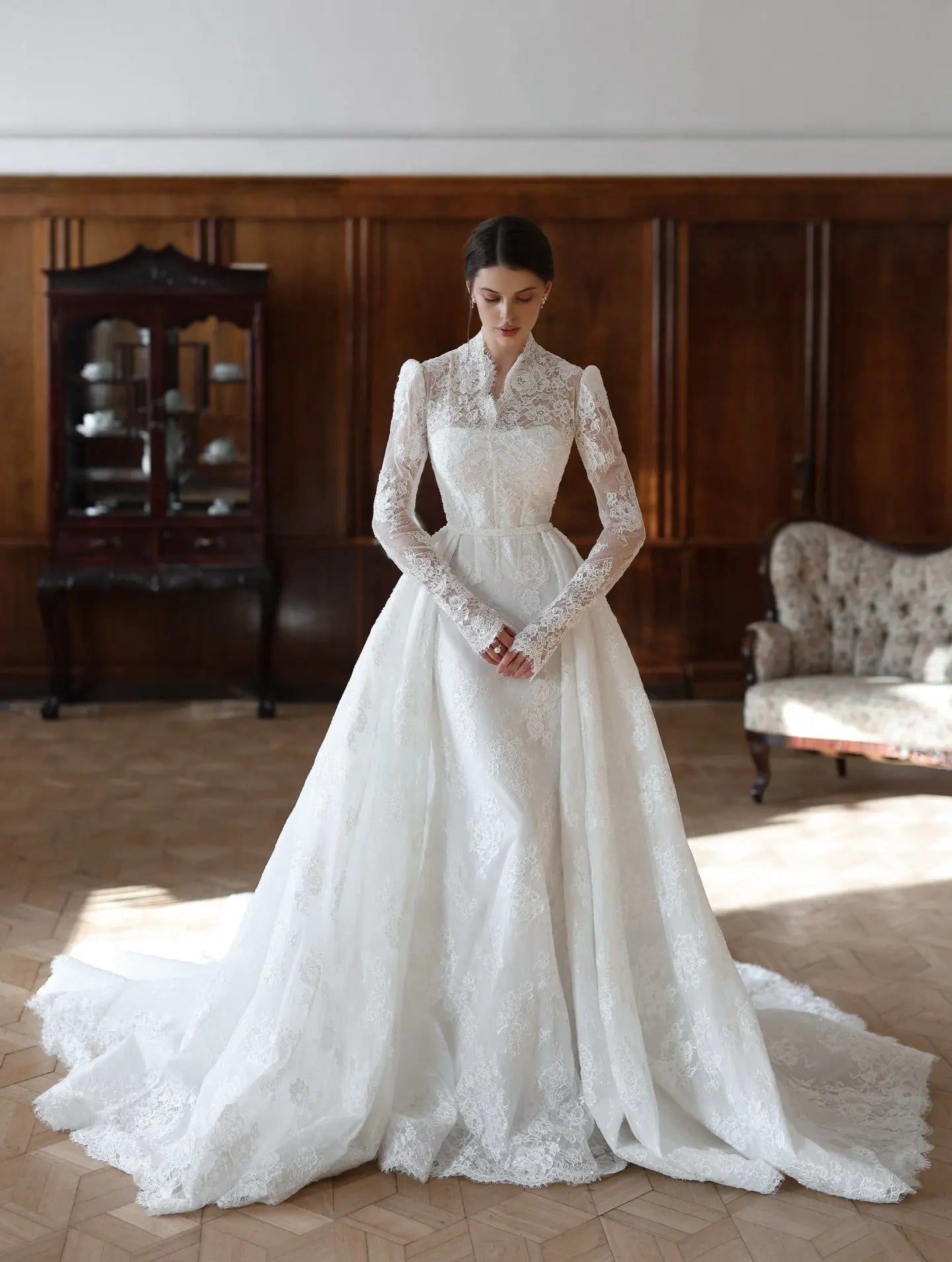 Elegant White Lace High Neck Long Sleeve A-Line Wedding Dress ZP103