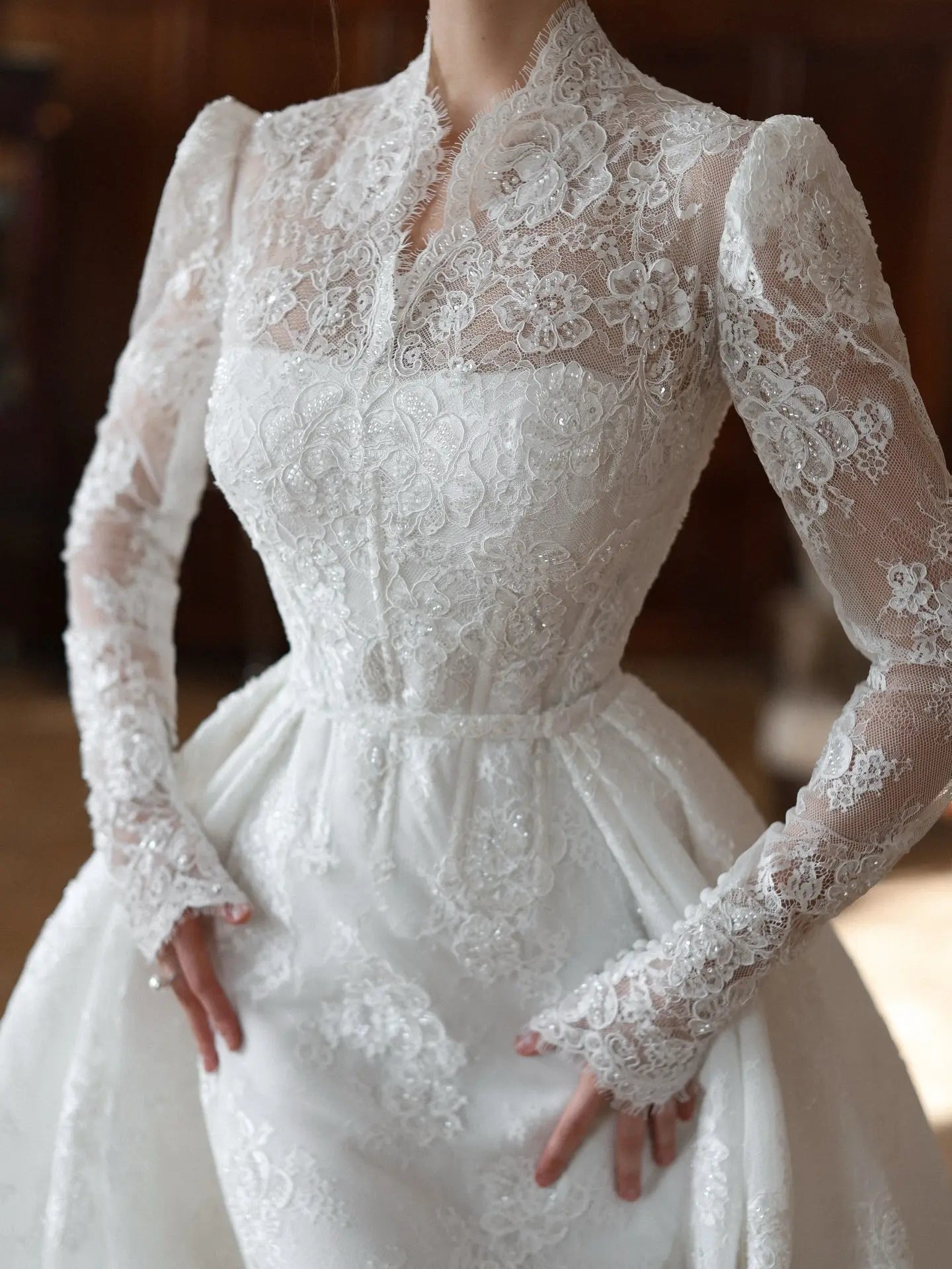 Elegant White Lace High Neck Long Sleeve A-Line Wedding Dress ZP103