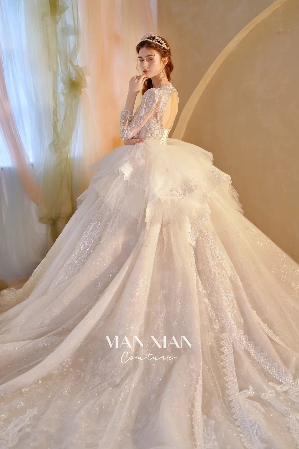 Luminous Ivory V-Neck Glitter Tulle Ball Gown with Beaded Lace, Sheer Sleeves & Draped Ruffle Train (ZD16942)