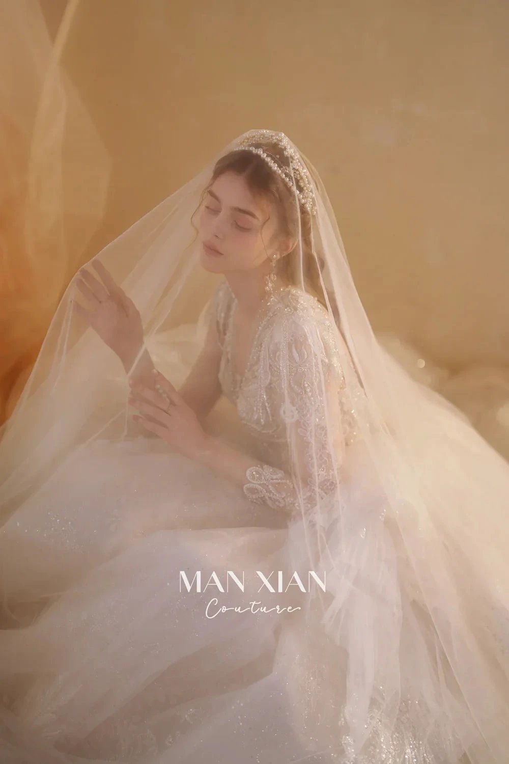 Luminous Ivory V-Neck Glitter Tulle Ball Gown with Beaded Lace, Sheer Sleeves & Draped Ruffle Train (ZD16942)