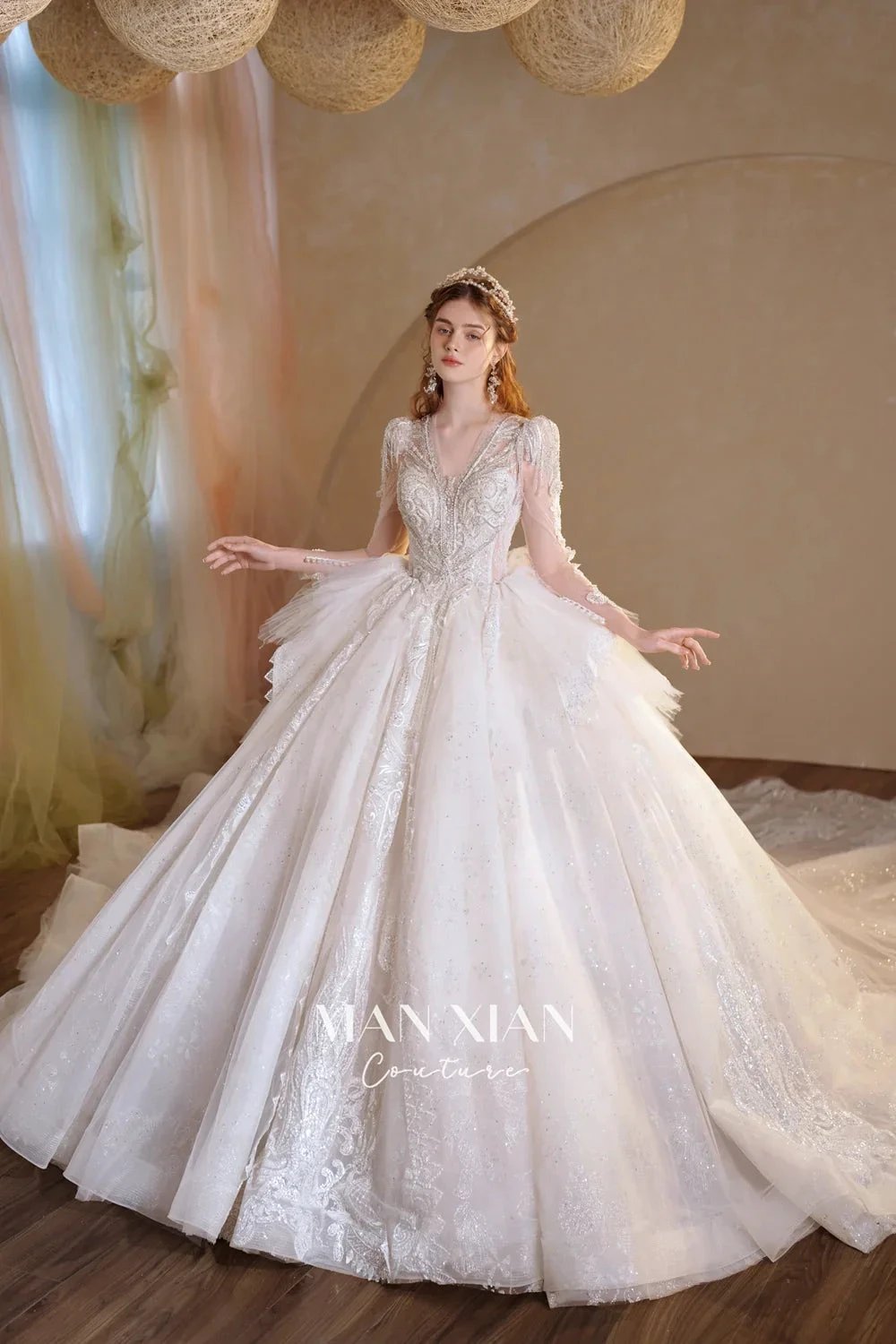 Luminous Ivory V-Neck Glitter Tulle Ball Gown with Beaded Lace, Sheer Sleeves & Draped Ruffle Train (ZD16942) - VelvetHem