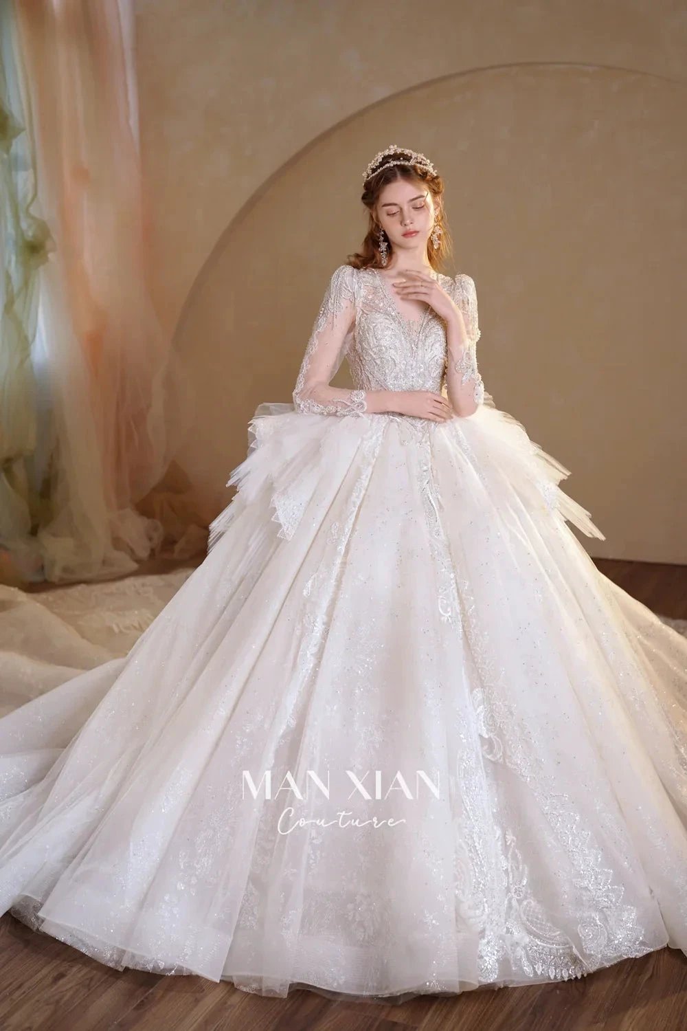 Luminous Ivory V-Neck Glitter Tulle Ball Gown with Beaded Lace, Sheer Sleeves & Draped Ruffle Train (ZD16942)