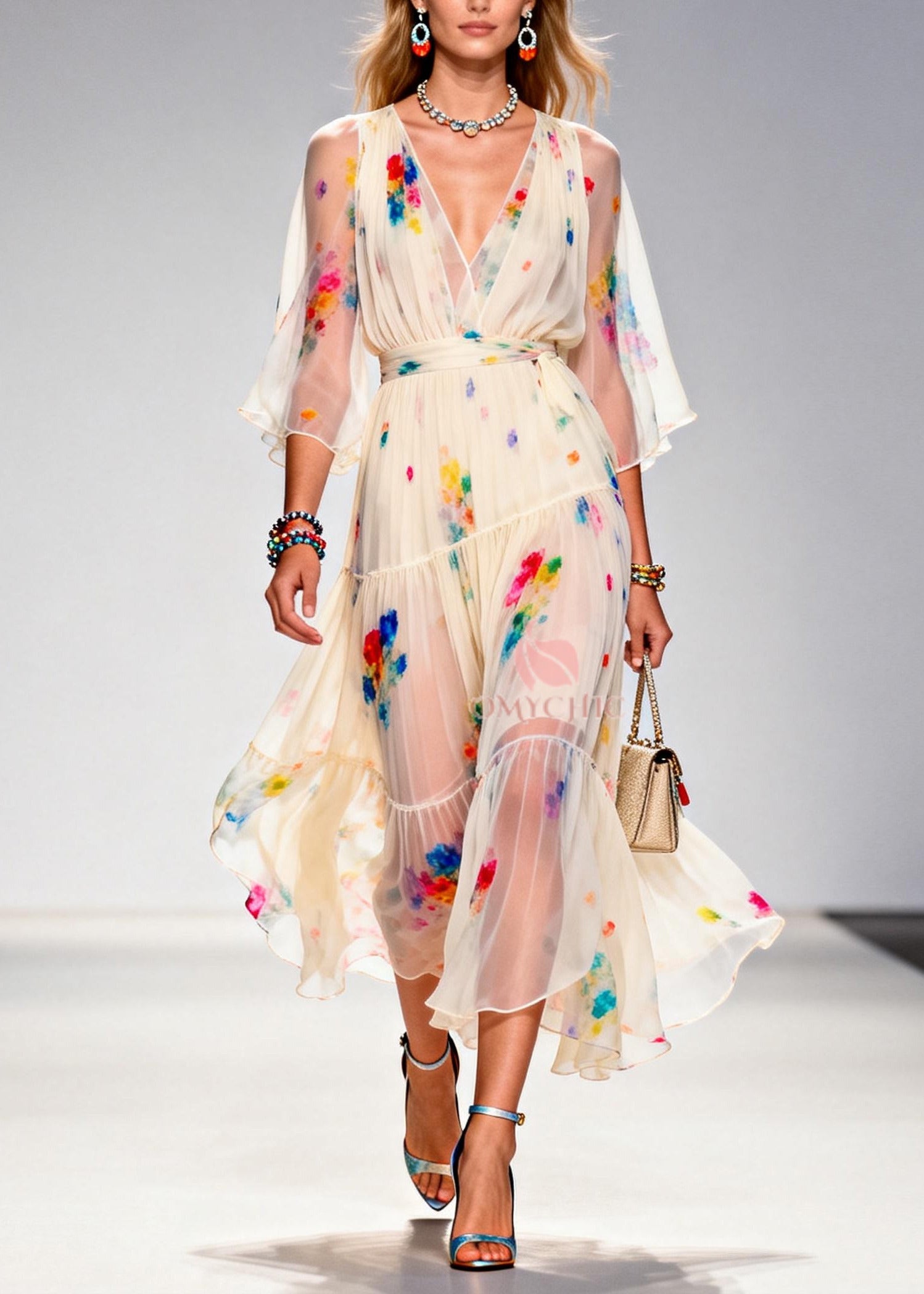 Italian Apricot V Neck Tie Dye Chiffon Party Dresses Summer