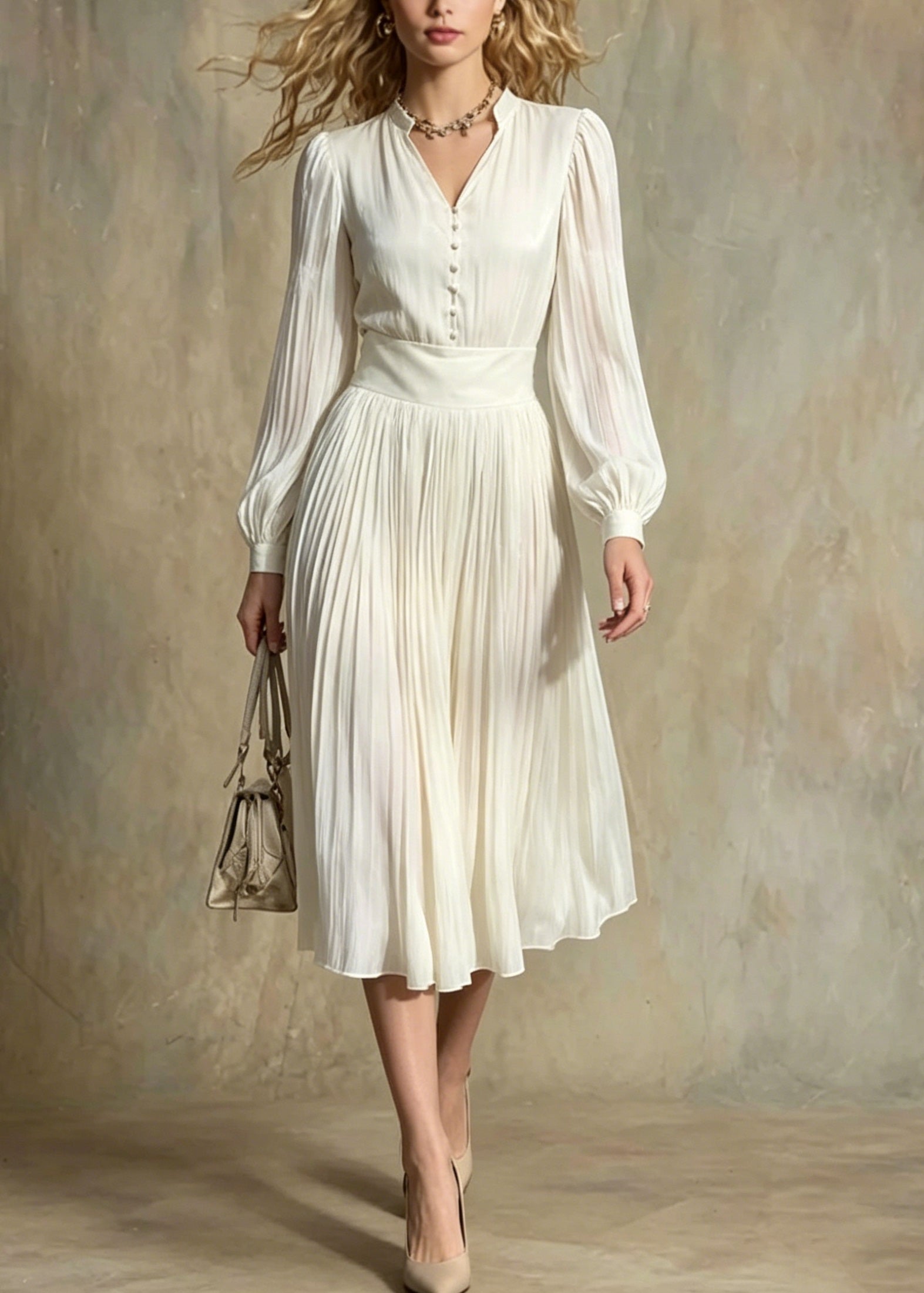 Italian Beige V Neck Button Patchwork Silk Maxi Dresses Lantern Sleeve