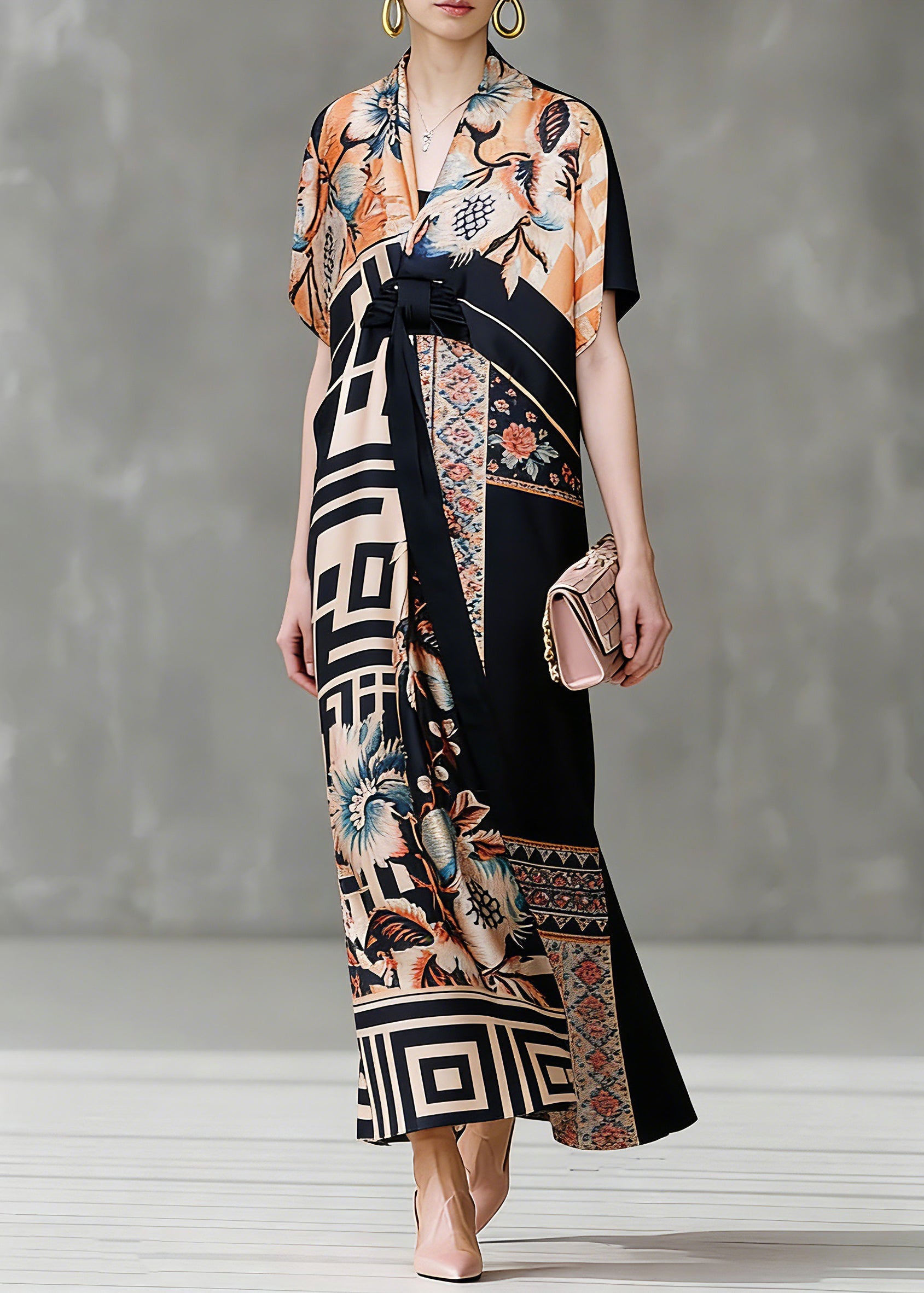 Italian Colorblock V Neck Asymmetrical Design Print Silk Dresses Short Sleeve