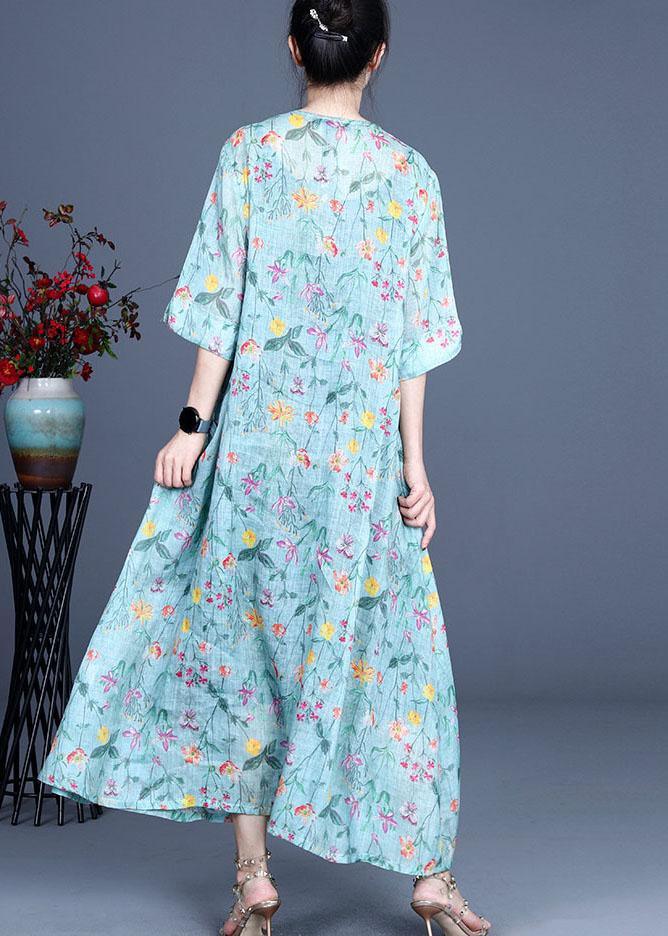 Italian Green Print Cinched Summer Ramie Summer Dresses