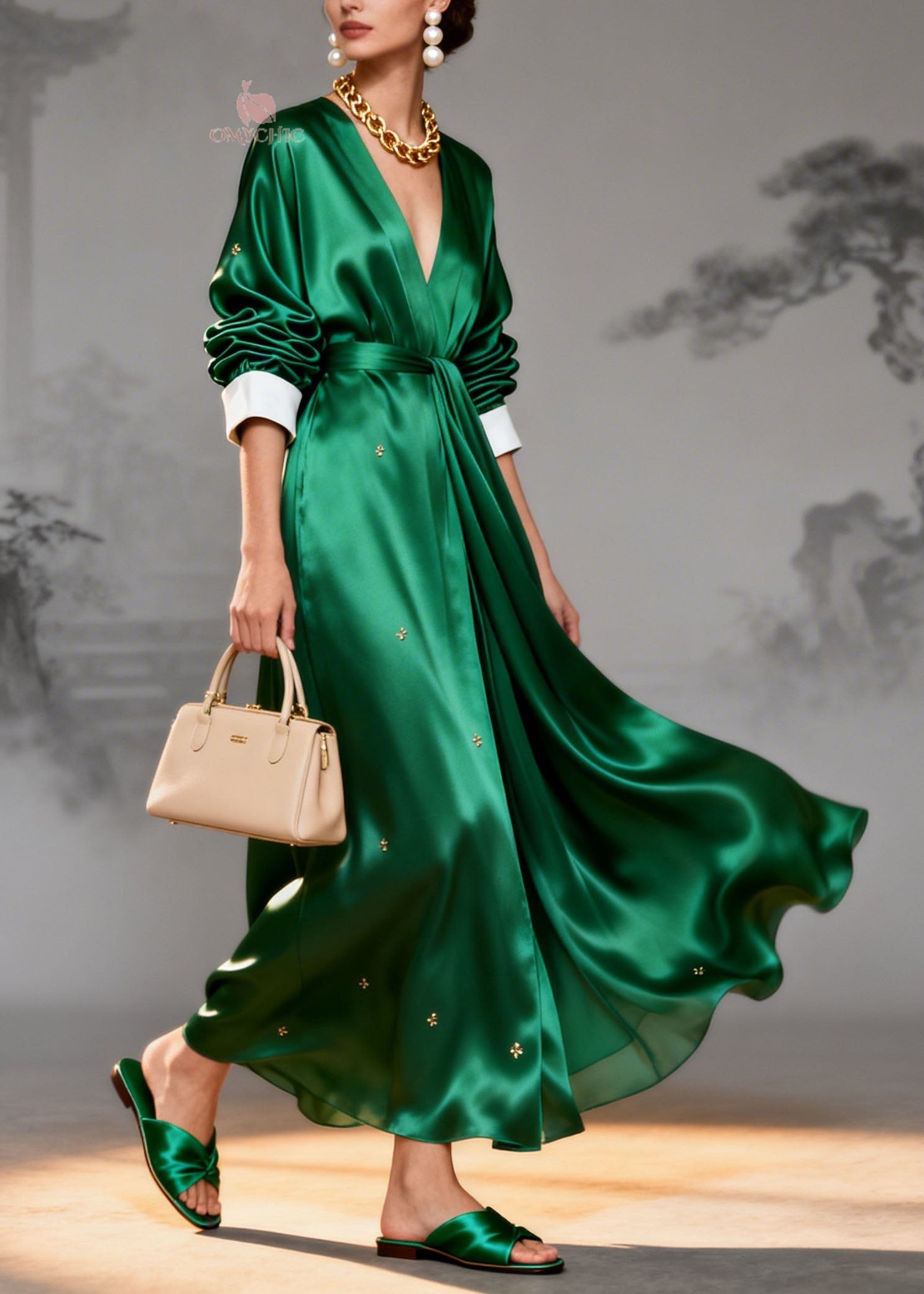 Italian Green V Neck Patchwork Silk Maxi Dresses Summer