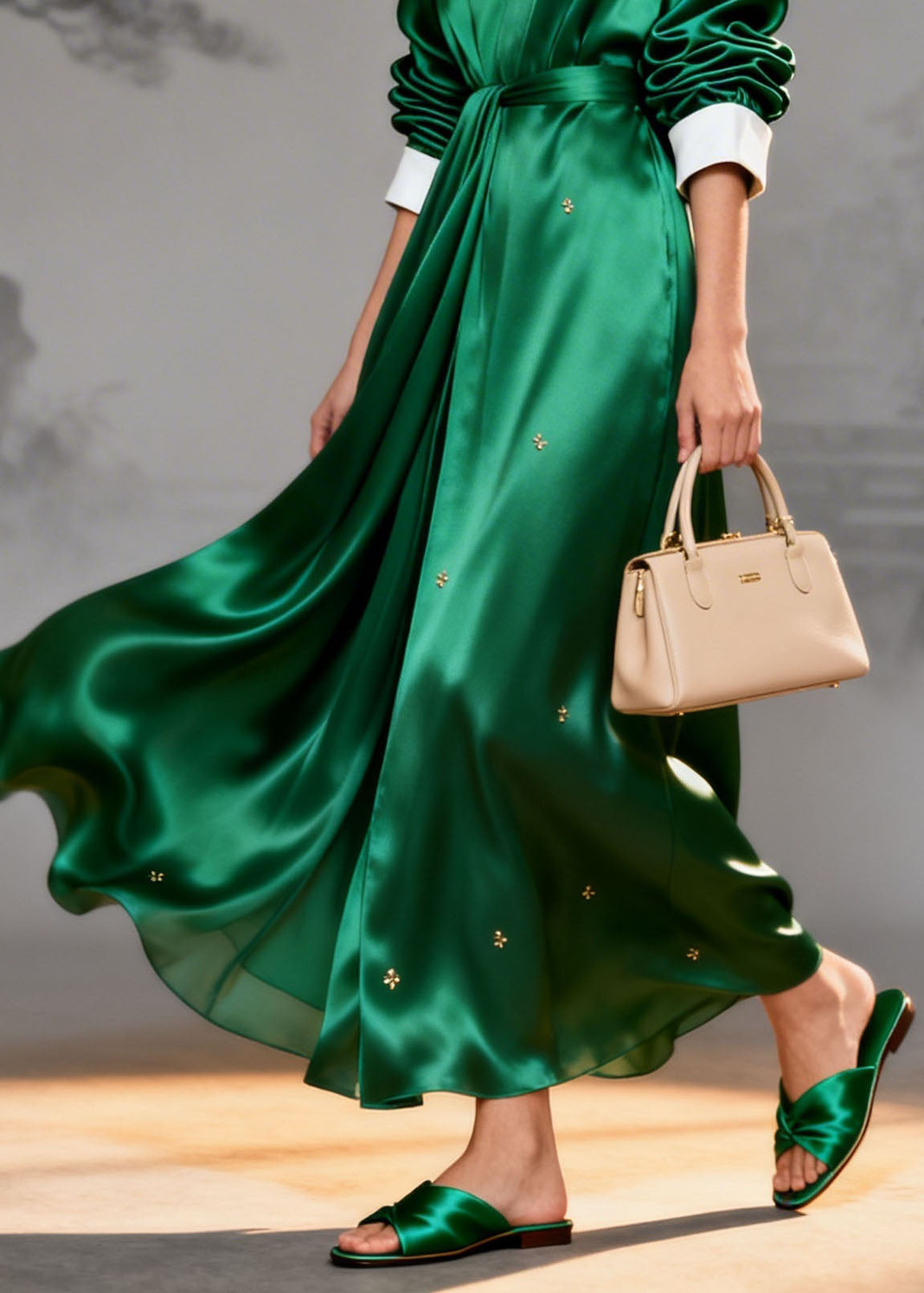 Italian Green V Neck Patchwork Silk Maxi Dresses Summer