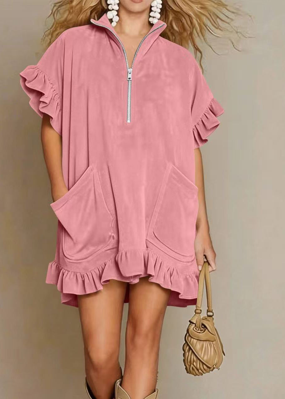 Italian Mulberry Ruffled Zippered Cotton Maxi Dress Summer