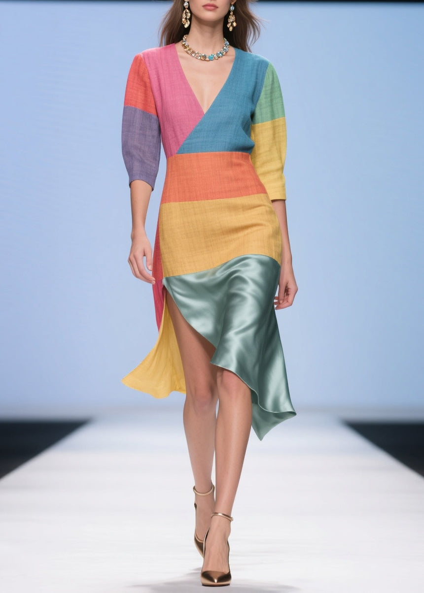 Italian Multicolored Asymmetrical Patchwork Linen Silk Dress Summer